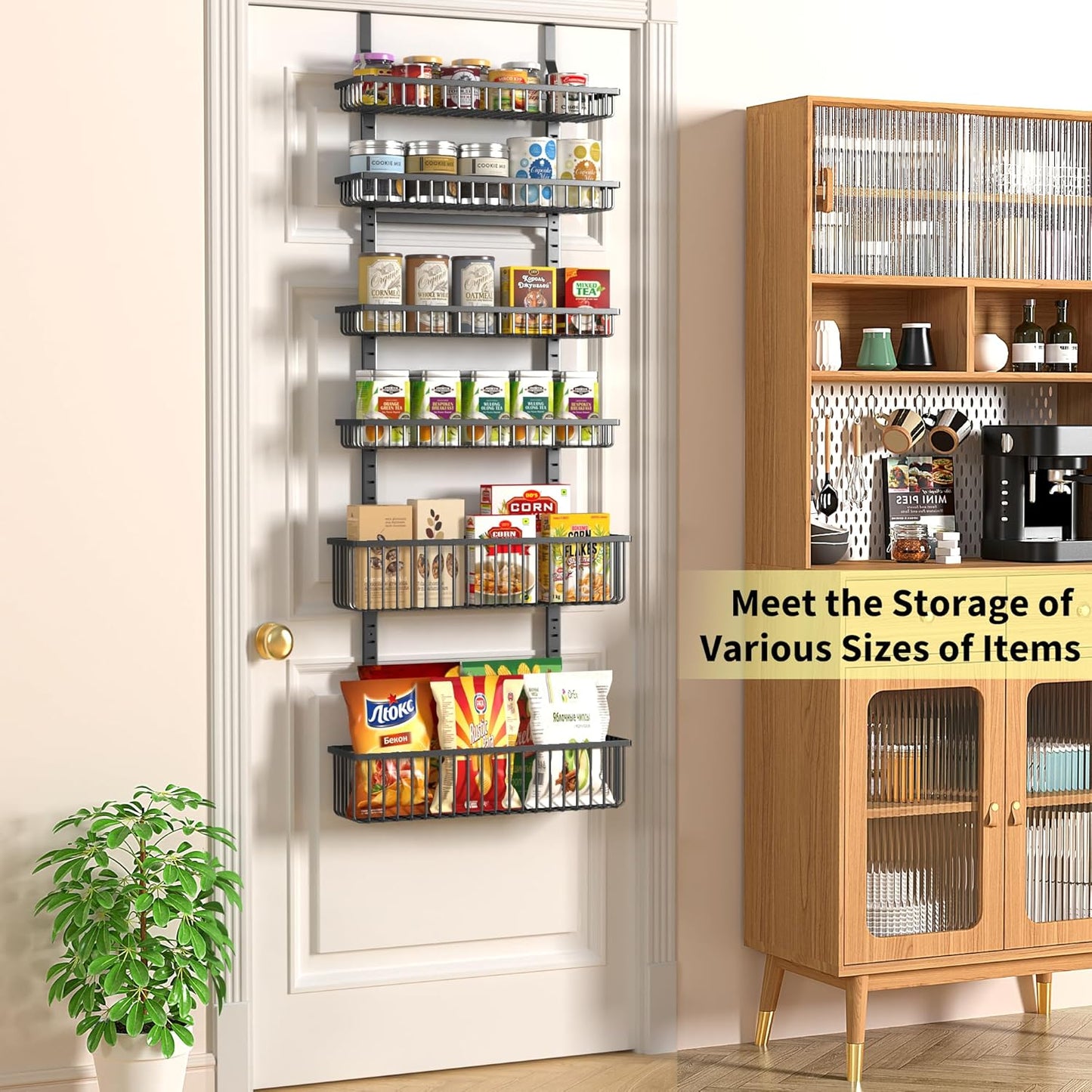 Moforoco 6-Tier Over The Door Pantry Organizer, Pantry Organization and Storage, Black Hanging Basket Wall Spice Rack Seasoning Shelves, Home & Kitchen Laundry Room Bathroom Essentials accessories