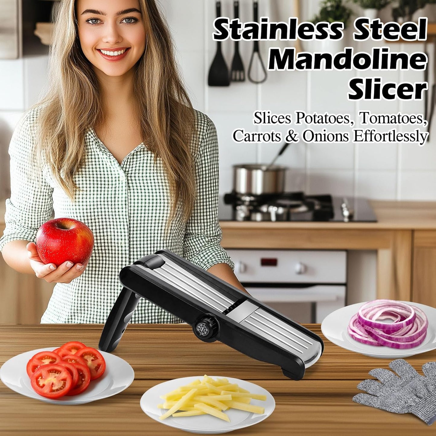 MASTERTOP Mandoline Slicer, 5 in 1 Mandoline Food Slicer for Kitchen,Stainless Steel Mini Vegetable Slicer with Safety Glove & Cleaning Brush,Adjustable Vegetable Chopper for Potatoes