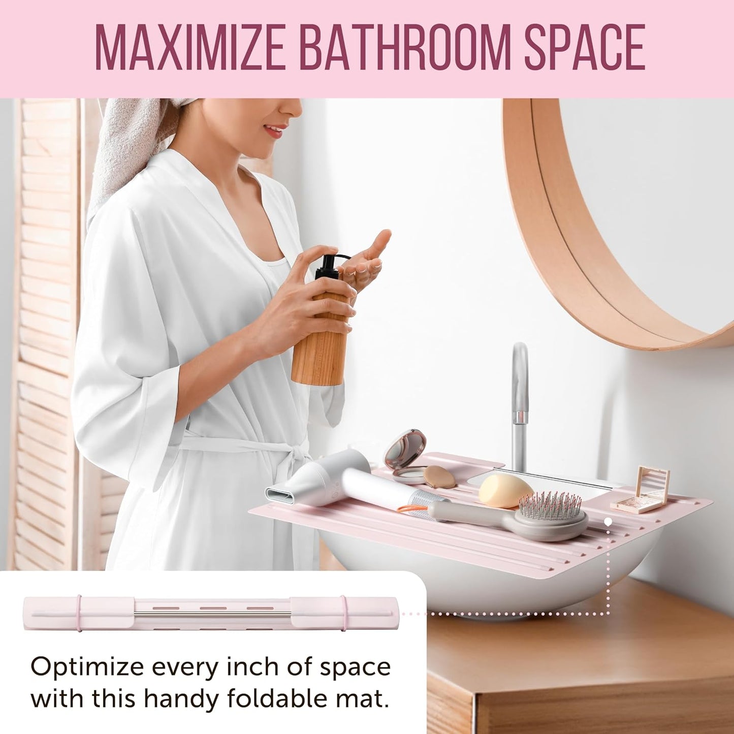 Bathroom Sink Cover for Counter Space, Heat Resistant Silicone Mat & Makeup Mat for Your Beauty Routine, Small Bathroom Space Saver Sink Cover for Makeup (Rose Pink, 22 x 2 x 2 Inches)