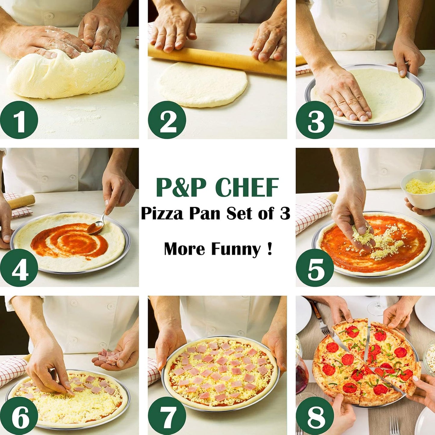 P&P CHEF 12 + 12 + 13.5 Inch Pizza Pan, 3 Pieces Stainless Steel Round Pizza Tray Dish Plate For Oven Baking Roasting, Healthy & Heavy Duty, Rust Free & Dishwasher Safe -Silver