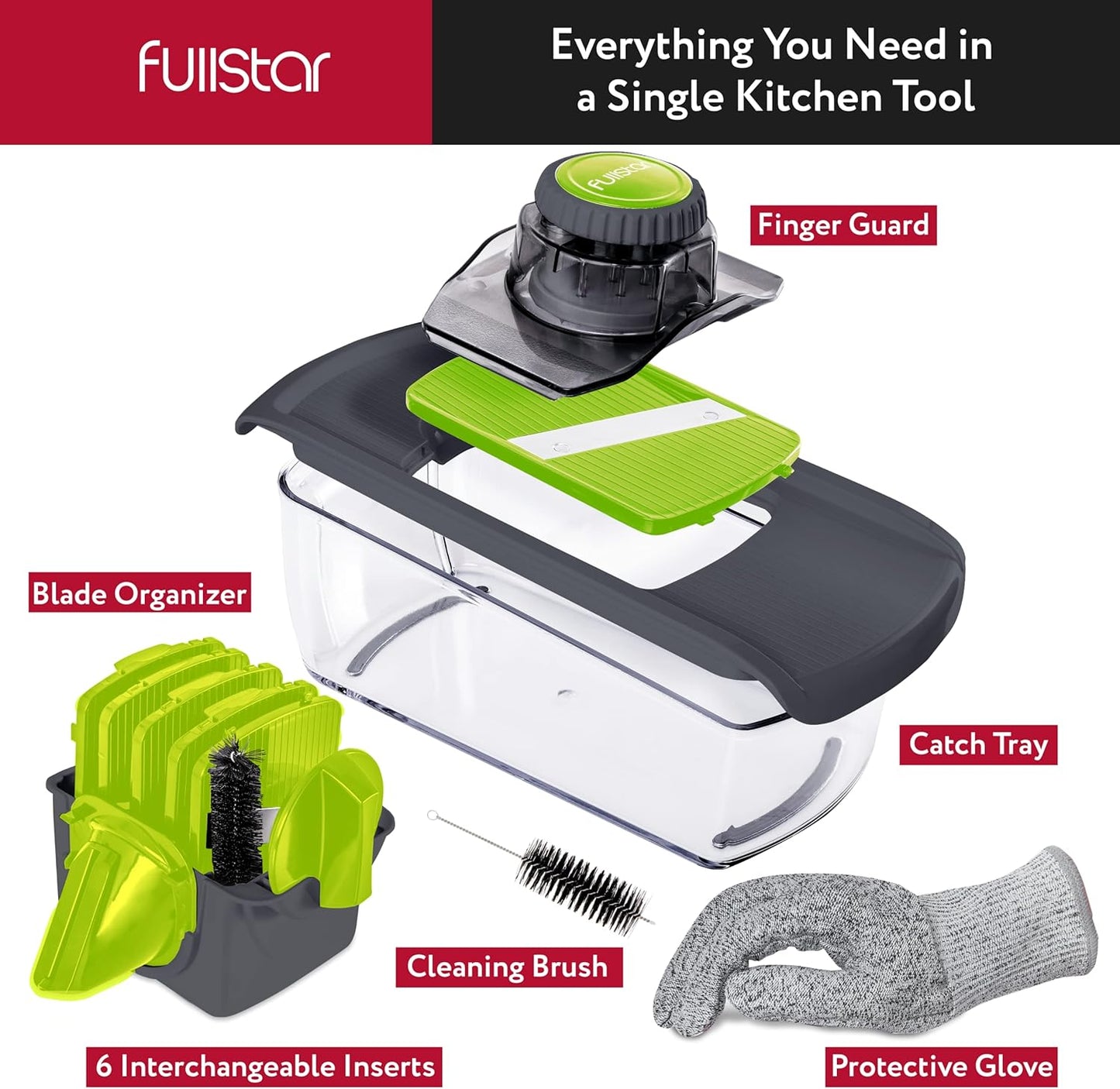 Fullstar Mandoline Slicer for Kitchen, Fruit Cutter, Cheese Grater, Cucumber Slicer, Veggie Spiralizer, Food Cutter & Kitchen Gadgets with Safety Glove (6 in 1, Gray/Green)