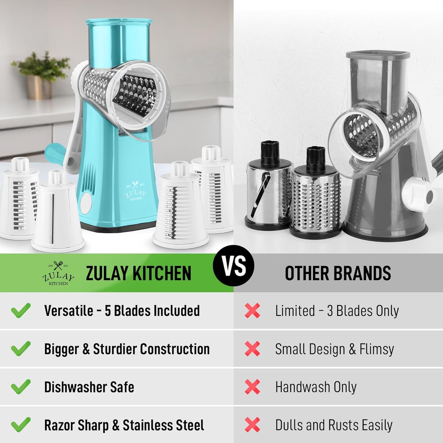 Zulay Kitchen Rotary Cheese Grater 5 Blade Cheese Shredder - Manual Hand Crank Cheese Grater With Reinforced Suction & 5 Interchangeable Drums - Easy to Use, Vegetable Chopper Round Mandoline Slicer