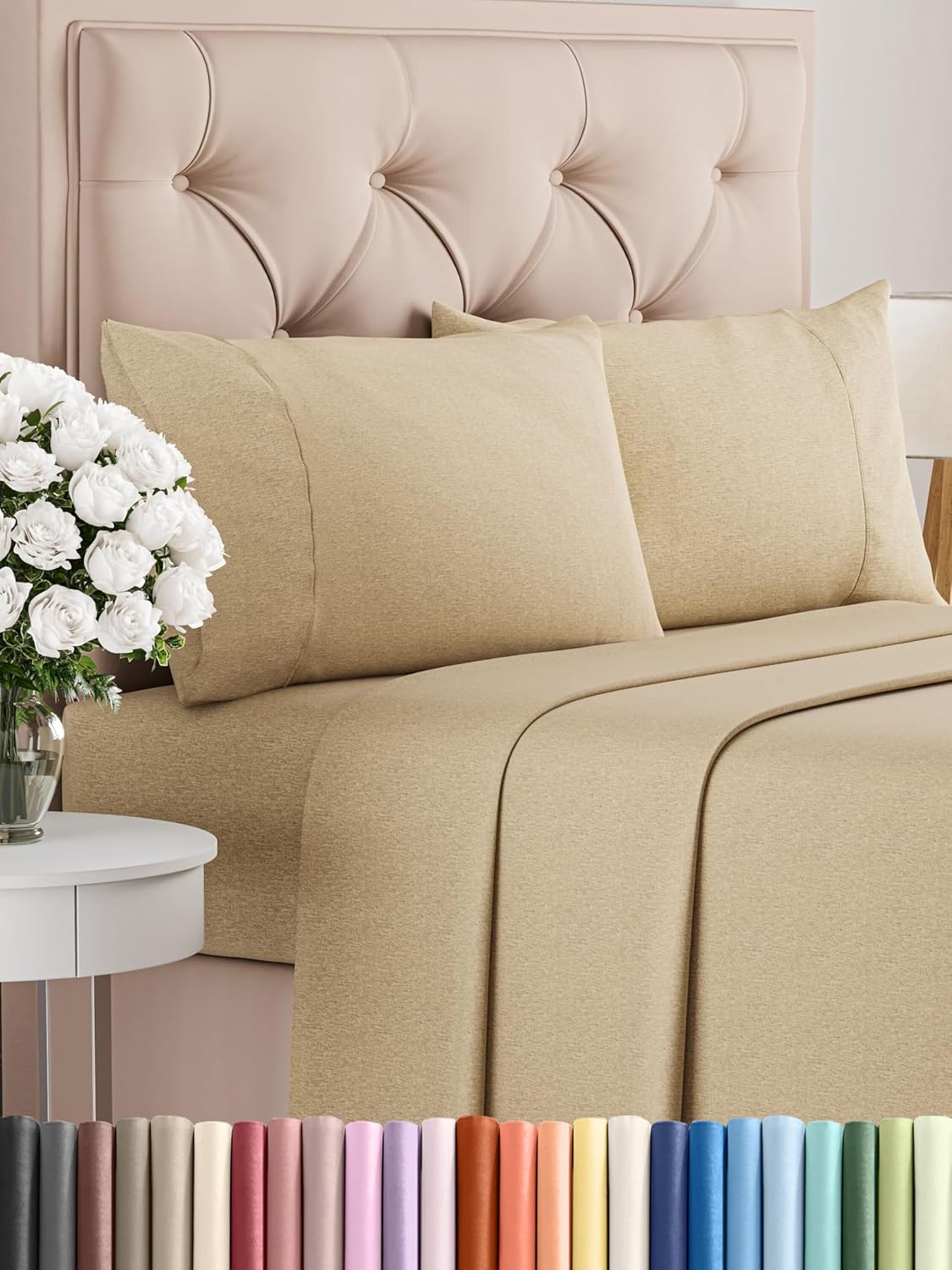 King Size 4 Piece Sheet Set - Comfy Breathable & Cooling Bed Sheets Set - Hotel Luxury Bedding for Women, Men, Kids, Teens, Boys & Girls - Deep Pockets, Soft & Wrinkle Free - Tan (Heathered Sheets)