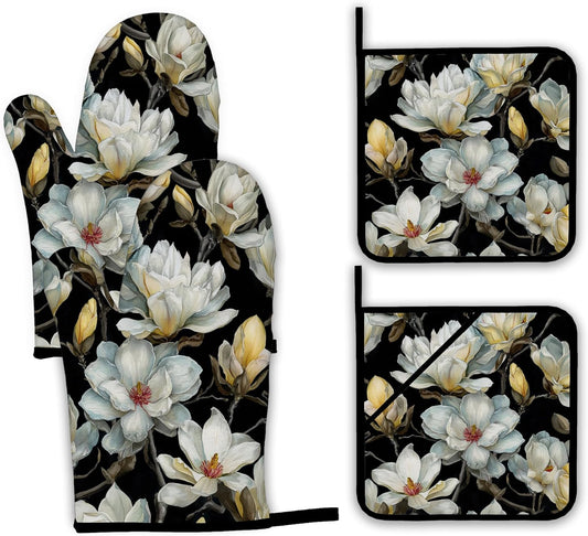 Vintage White Magnolia Oven Mitts and Pot Holders,Heat Resistant Oven Mitts Gloves and Pot Holder for Home Kitchen Decorations Cooking Baking BBQ Gifts,Set of 4