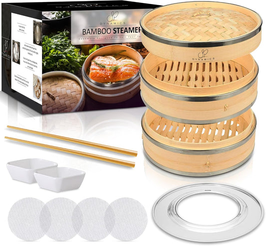 Bamboo Steamer Basket Set Chinese Cuisine 10-inch 2 Tiers Vegetable Steaming Basket for Cooking with Chopsticks, Sauce Dishes, and Reusable Liners - Dumpling Steamer Baskets