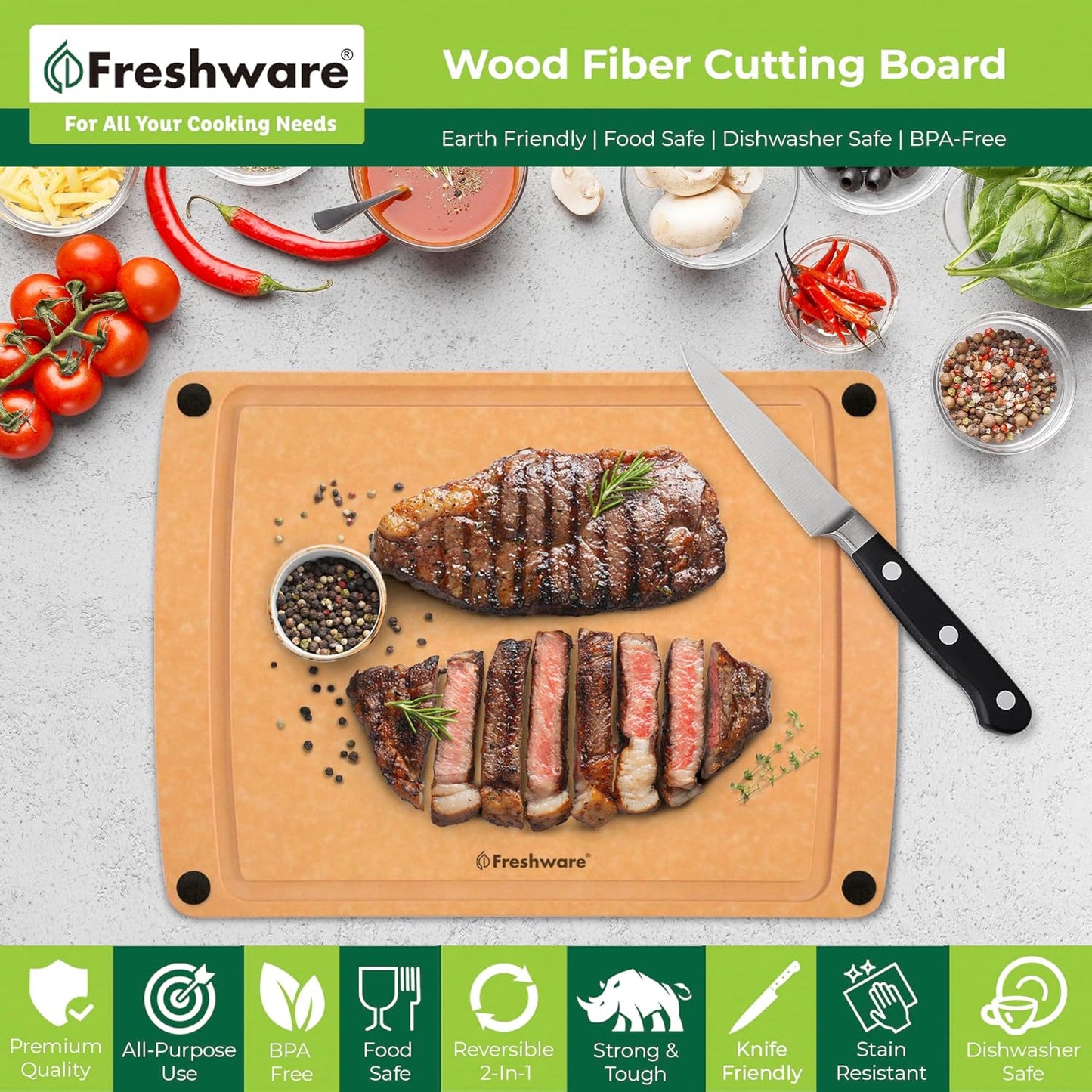 Freshware Wood Cutting Board for Kitchen, Juice Groove, Non-Slip Silicone Feet, Dishwasher Safe, X Large, 18" x 13", Natural