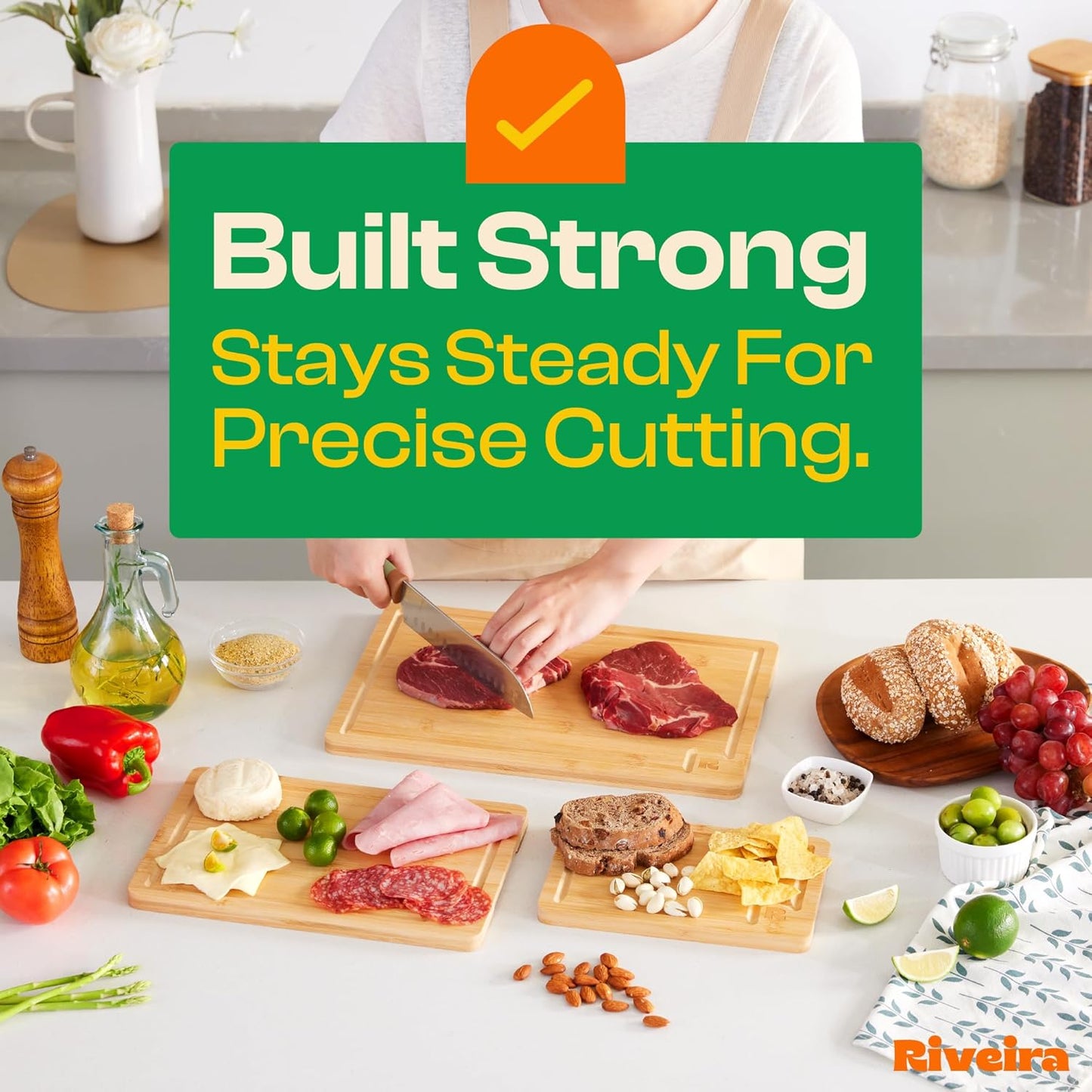 Riveira Brown Bamboo Wood Cutting Board – Gourmet Bamboo Grandeur: 8 x 8 Wooden Cutting Board – Wooden Cutting Boards For Kitchen Decorative – Innovative Juice Grooves Wooden Chopping Board