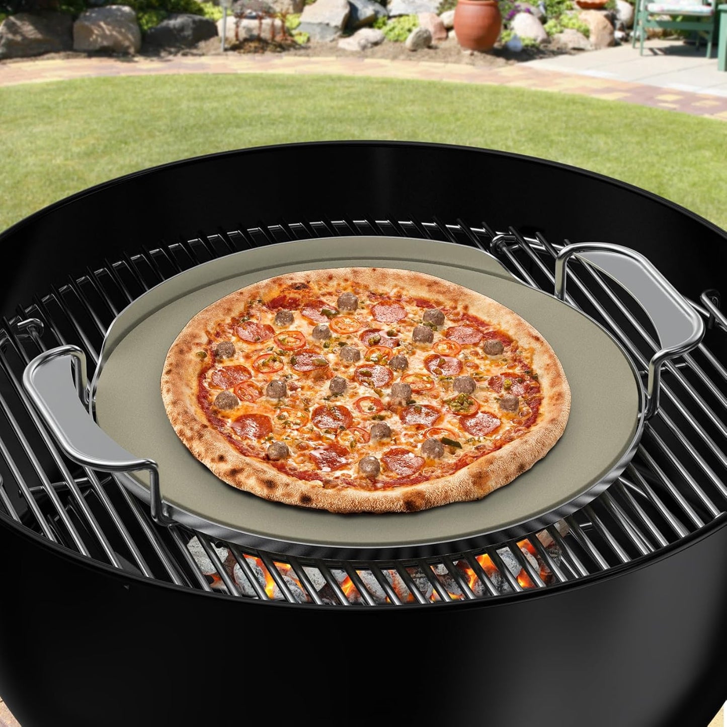Skyflame Gourmet BBQ System Pizza Stone, 13-inch Baking Stone with Stainless Steel Carry Rack, Compatible With Weber 8836, Kettle Charcoal/Smoke/Gas/Ceramic Grills, Pizza Oven