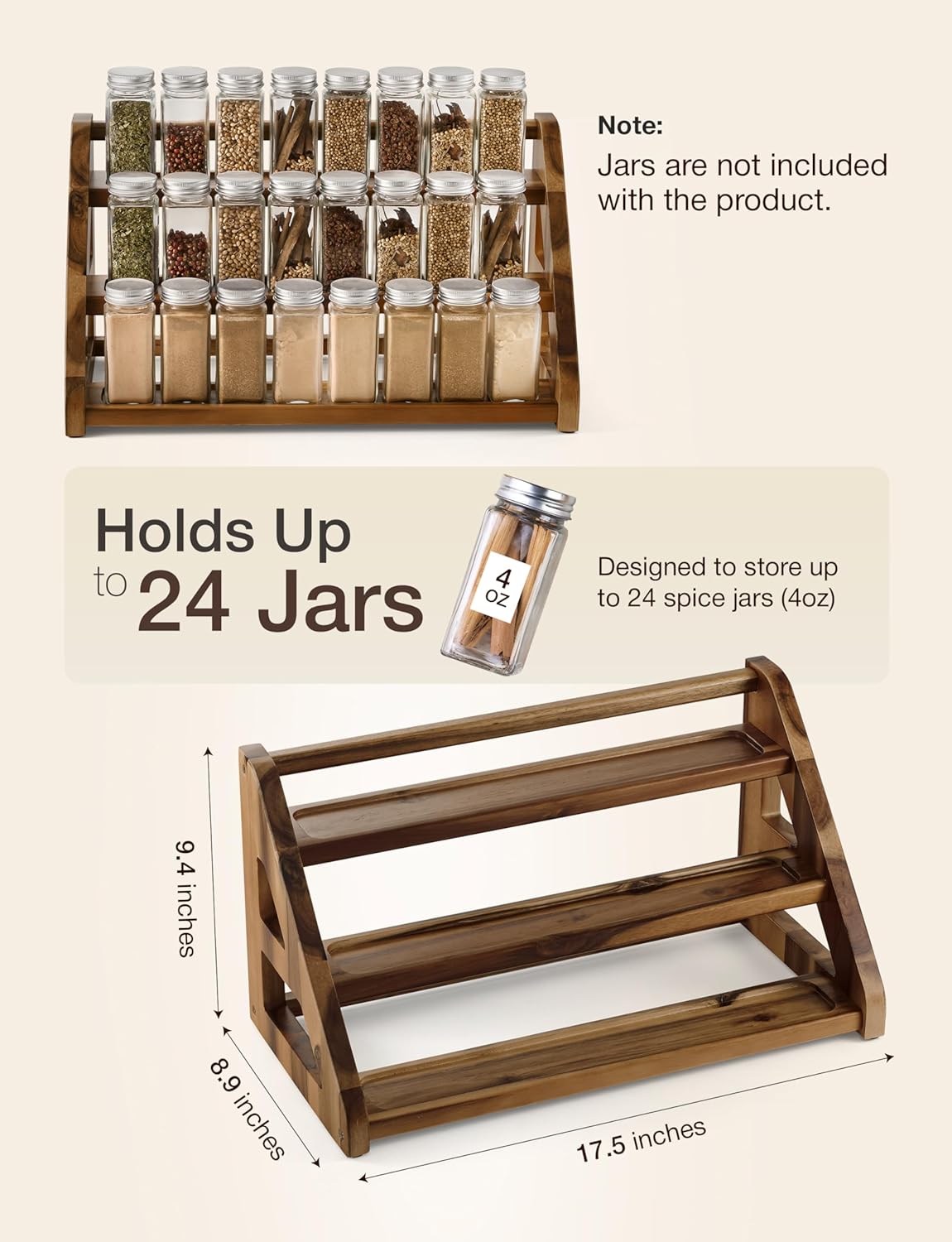 Tinamo Acacia Wood Spice Rack - Wooden 3-Tier Spice Rack Organizer for Countertop or Cabinet – Kitchen Spice Organizer and Seasoning Organizer Shelf (Walnut)