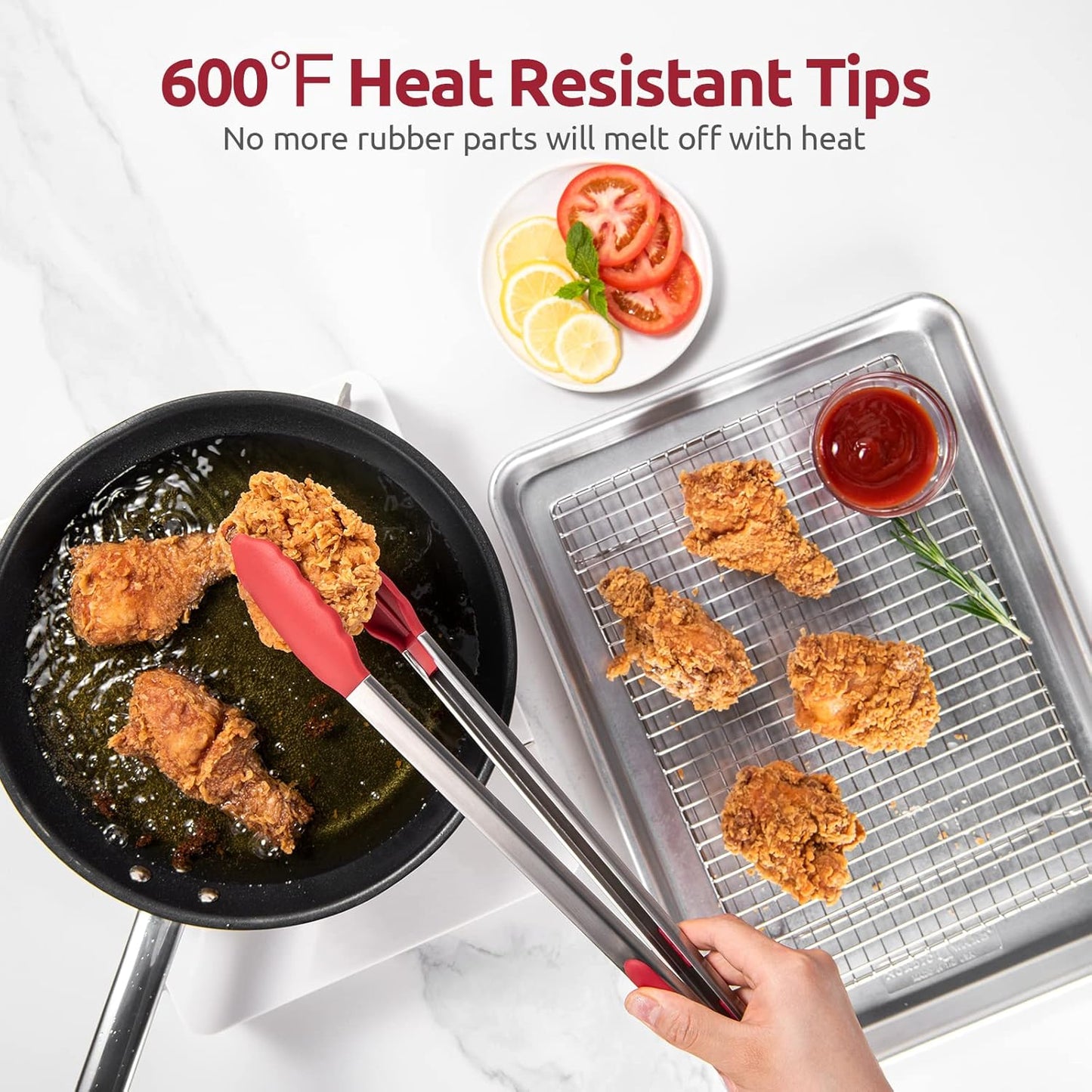 600ºF Heat Resistant Kitchen Tongs: U-Taste 16 inch Extra Long Large Silicone Cooking Tong with Sturdy Non Stick Rubber Tips & Non Slip Silicon Coated 18/8 Stainless Steel Handle for Grilling BBQ(Red)