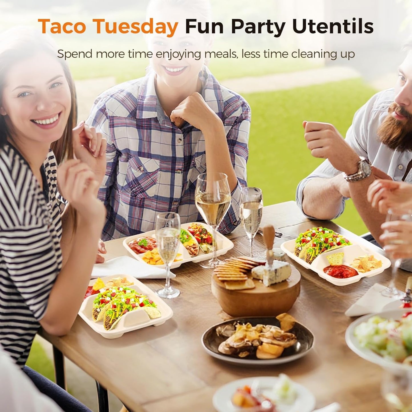 100 PCS Taco Plates Disposable, Bagasse Pulp 2-Slot Taco holder with Side Compartments, Safe Plant Fiber Tray for Taco Tuesday, Party, Sandwich, Hot Dog, Sauce & Snack Serving (With Compartments)