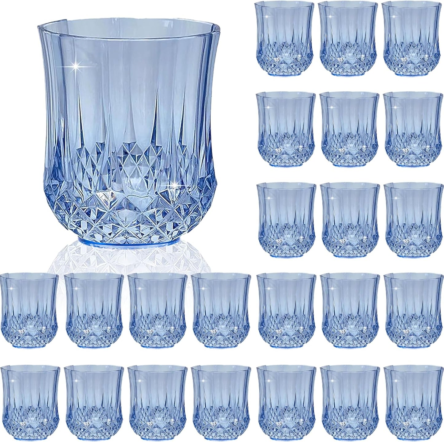 24 PCS Blue Stemless Wine Glasses，Plastic Reusable Cups 9OZ Vintage Drinking Glasses Tumblers for Whisky, Beer, Juice, Beverages, Cocktai