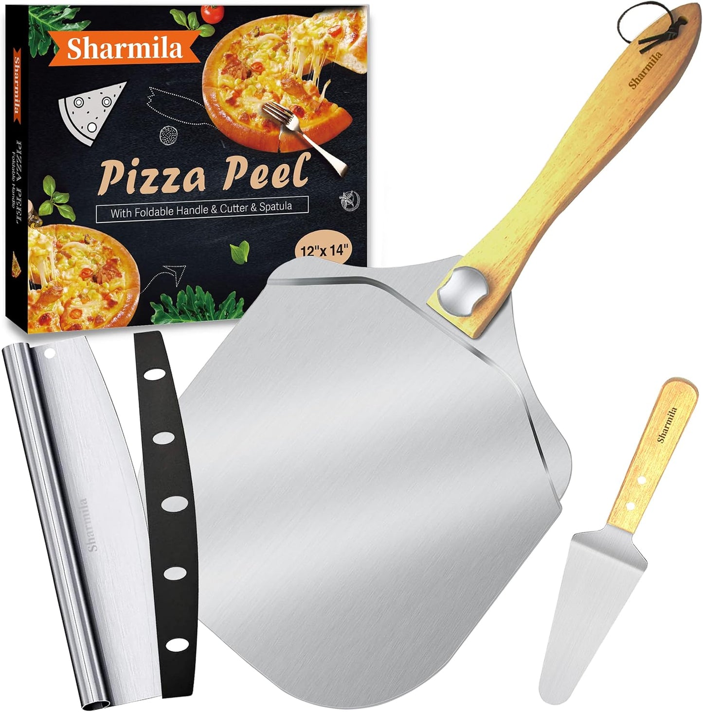 Sharmila Pizza Peel 12 Inch, Aluminum Pizza Paddle with Foldable Wooden Handle,Pizza Rocker Cutter,and Metal Pizza Spatula-Ideal for Family Pizza Oven Baking,Dough,Bread & Pastry