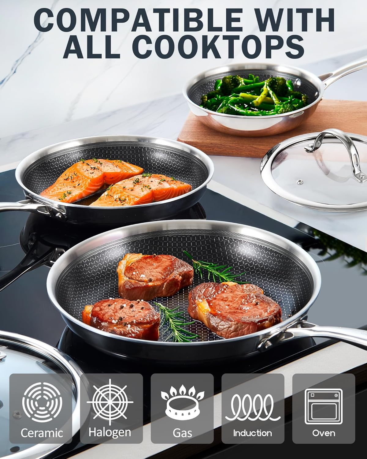 Cooks Standard Hybrid Nonstick Frying Pan, 10-Inch Skillet, Multi-Ply Clad Stainless Steel Fry Pan with Tempered Glass Lids, Oven Safe, Compatible with All Stovetops