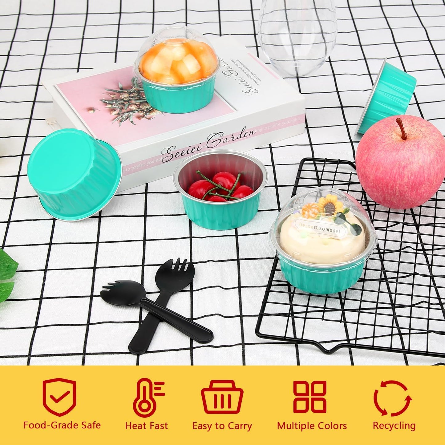 Cupcake Pans with Dome Lids 100 Pack,LNYZQUS 5oz Mini Aluminum Baking Pans Cupcake Cups Muffin Tin,Disposable Ramekins Mini Cake Pans Cupcake Containers Holders -Cyan Blue