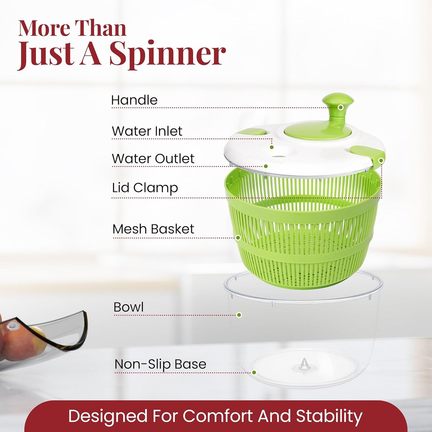 DoubleWave 5L Salad Spinner | Lettuce Spinner with Double Drainage Holes | Easy Fruit Spinner And Strainer for Washing, Spinning & Draining Fruits & Vegetables | BPA-Free & Easy to Clean