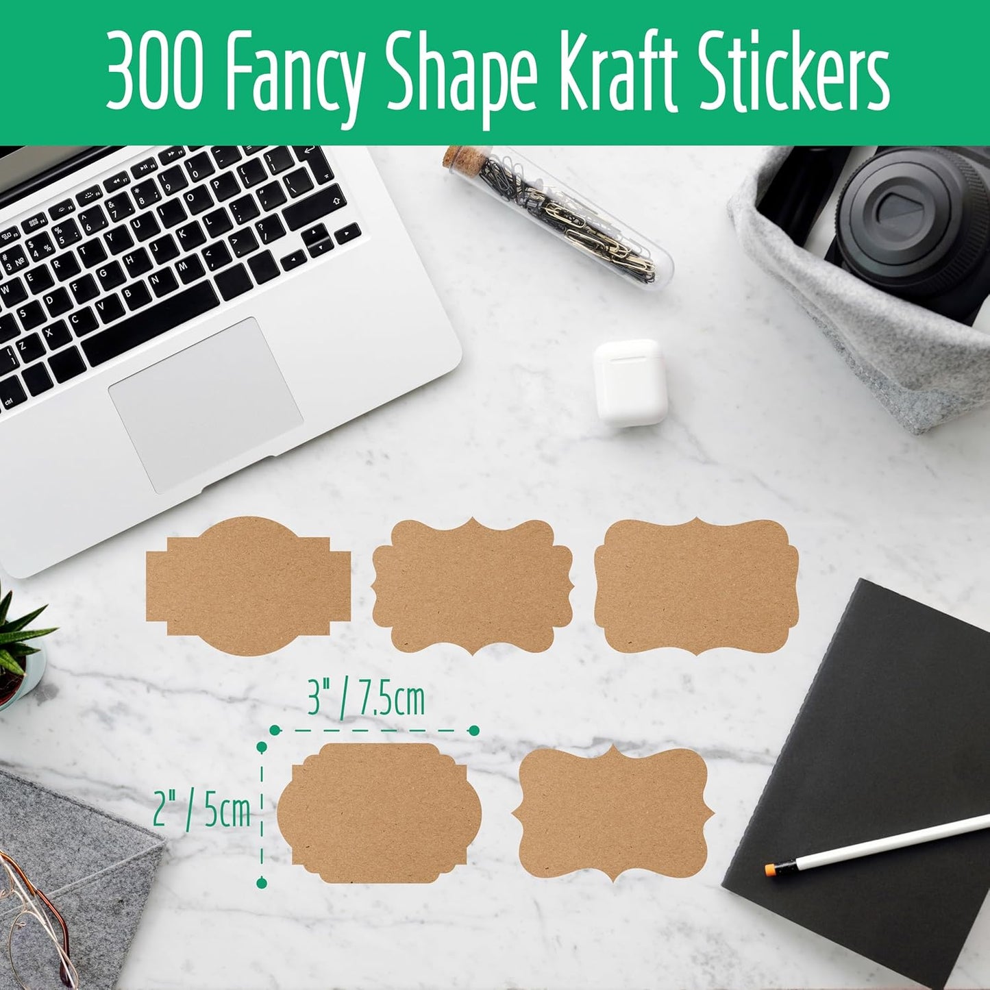 300 PCS Kraft Blank Stickers, 5 Fancy Shapes Labels Blank Stickers Roll Rustic Name Tags with Permanent Adhesive for File Folders, Food Jars, Gift Tags, Home Office Business Uses (2” x 3”)
