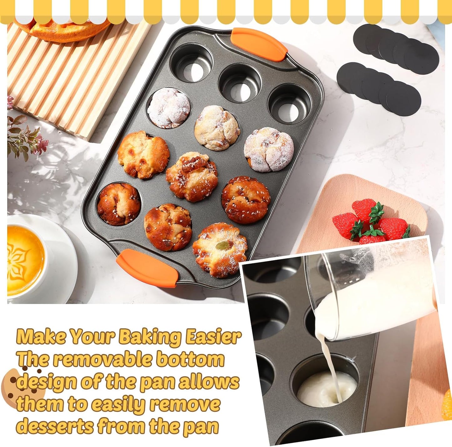 Uiifan 3 Pack Mini Cheesecake Pans Removable Bottom 12 Cavity Mini Cupcake Pan with Silicone Handle Nonslip Anti Heat Nonstick Carbon Steel Muffin Mold 13" x 8" Baking Molds(Orange)