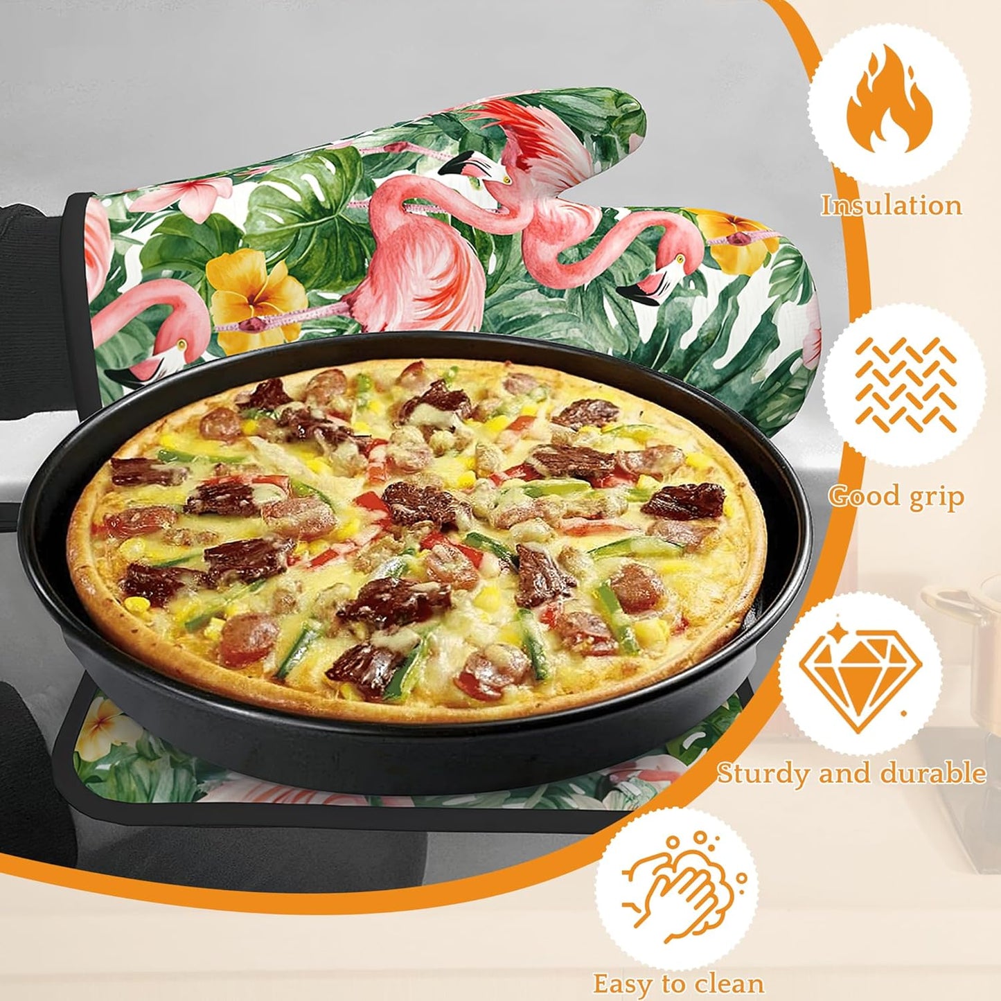 Palm Leaf Oven Mitts and Pot Holders Set,Flamingo Tropical Kitchen Oven Gloves and Pot Holder with Heat Resistant Non Slip for Cooking Baking Grilling(4 Piece Set)