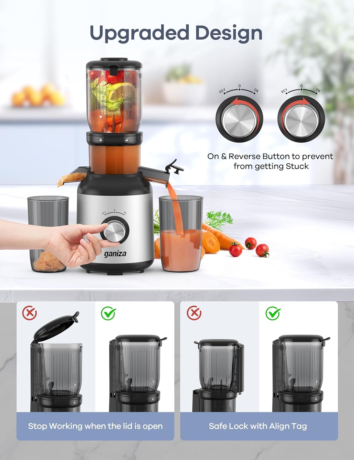 Ganiza Juicer Machines, Cold Press Juicer with 4.3" Large Feed Chute for Whole Fruits & Vegetables, Slow Masticating juicers with 3 Replace Filters for Batch Juicing, Easy to Clean, BPA Free(Silver)