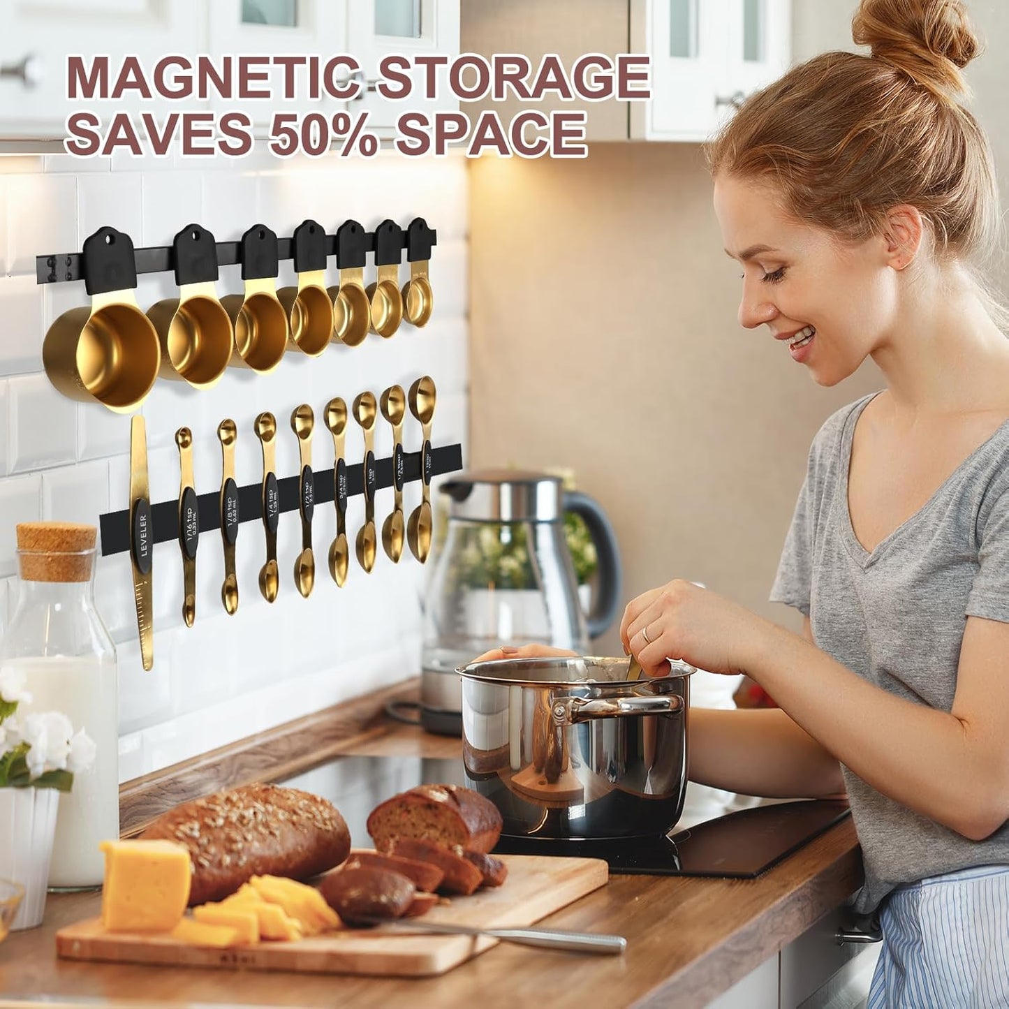 16-Piece Stainless Steel Measuring Cups and Spoons Set, Strong Magnetic Nesting Design 7 Cups 8 Spoons with Leveler, Double Measurement Markings for Dry & Liquid Ingredients, Gold