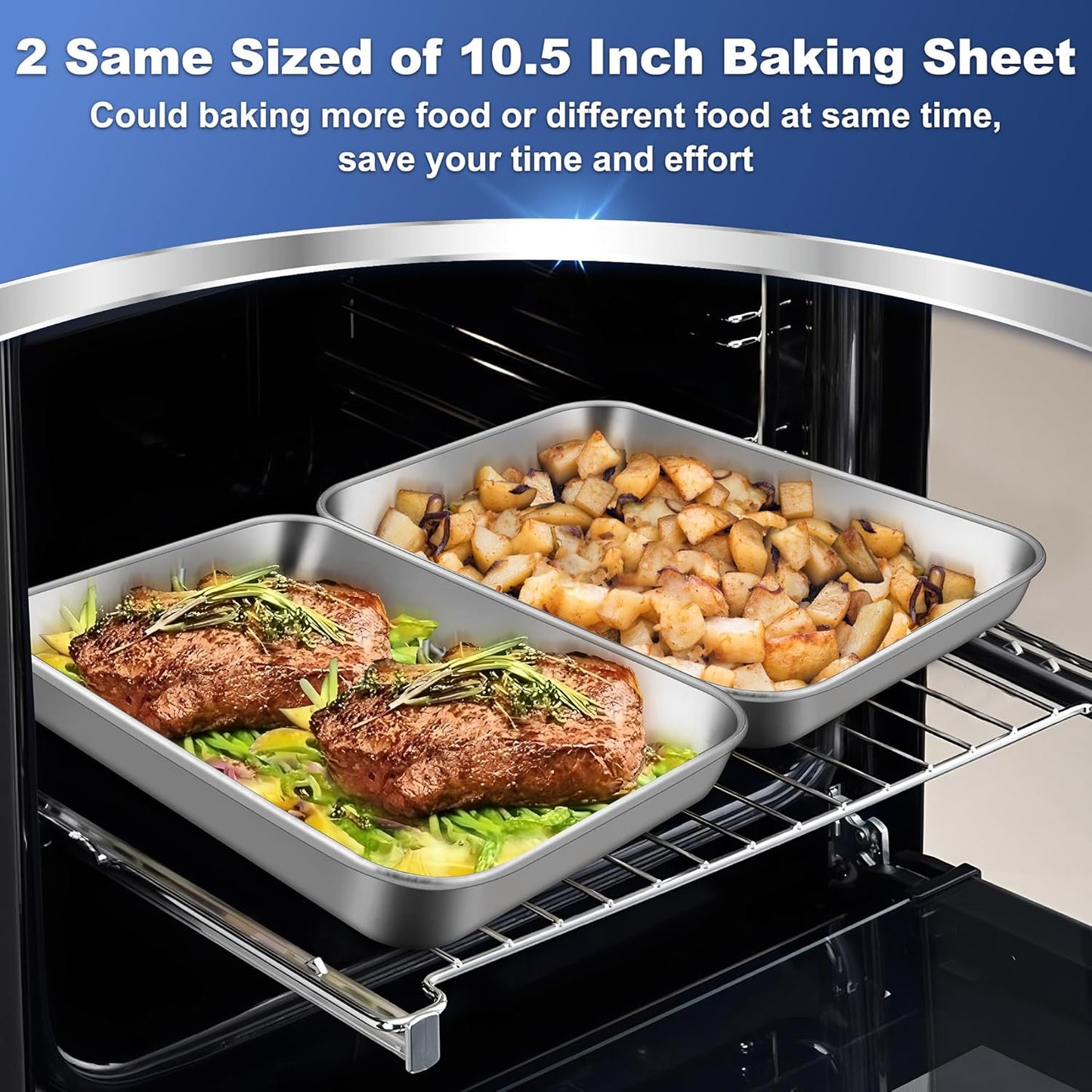 P&P CHEF 10.5 Inch Baking Cookie Sheet, Oven Pan Tray Stainless Steel Sheet Pan for Kitchen, Oven Bakeware for Multi Uses, Shiny Look & Dishwasher Safe, Healthy & Heavy Duty, 2Pcs