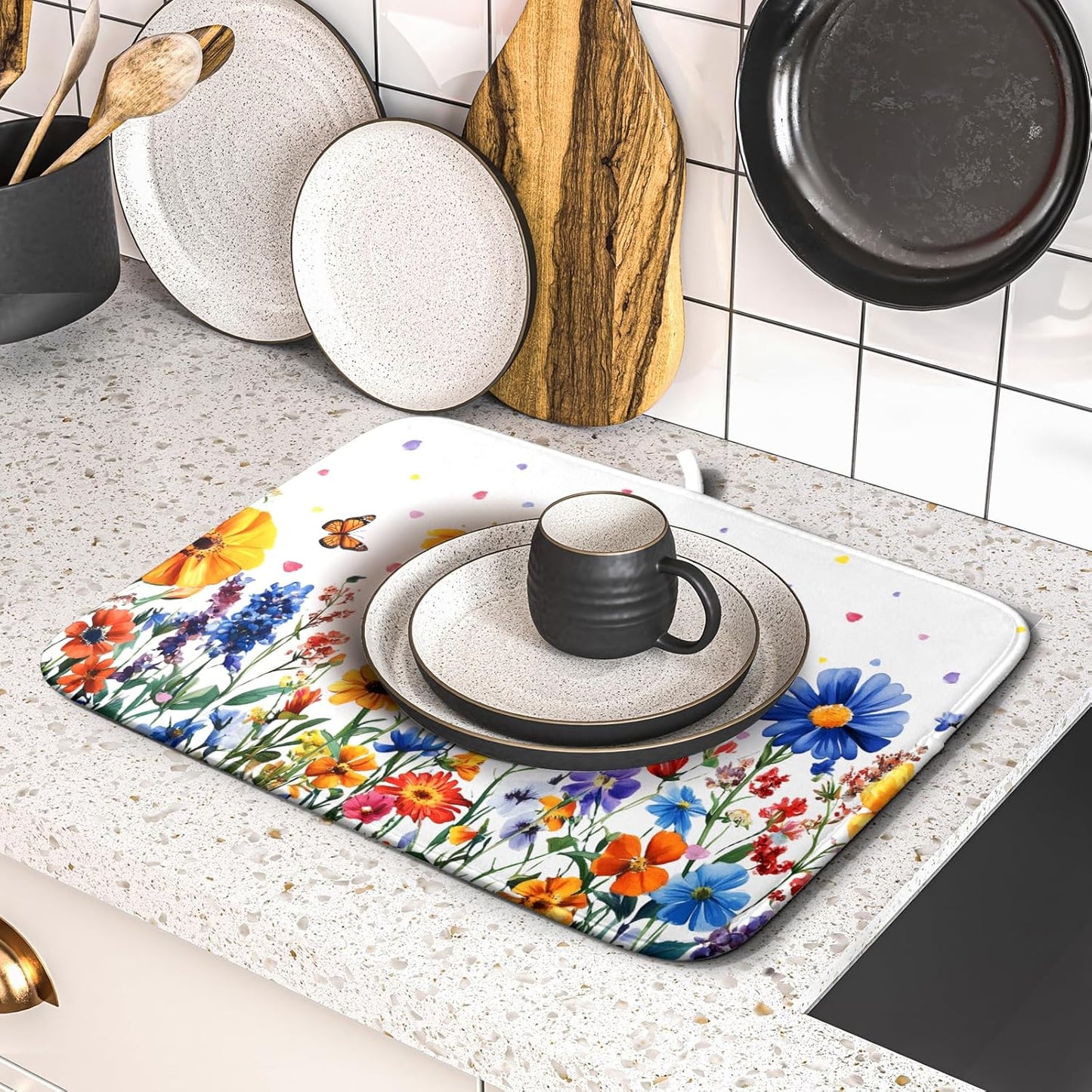 Watercolor Flower Dish Drying Mat 16x18 Inch Floral Butterfly Dish Drainer Protector Pad Washable Reversible Kitchen Counter Dish Dry Pad