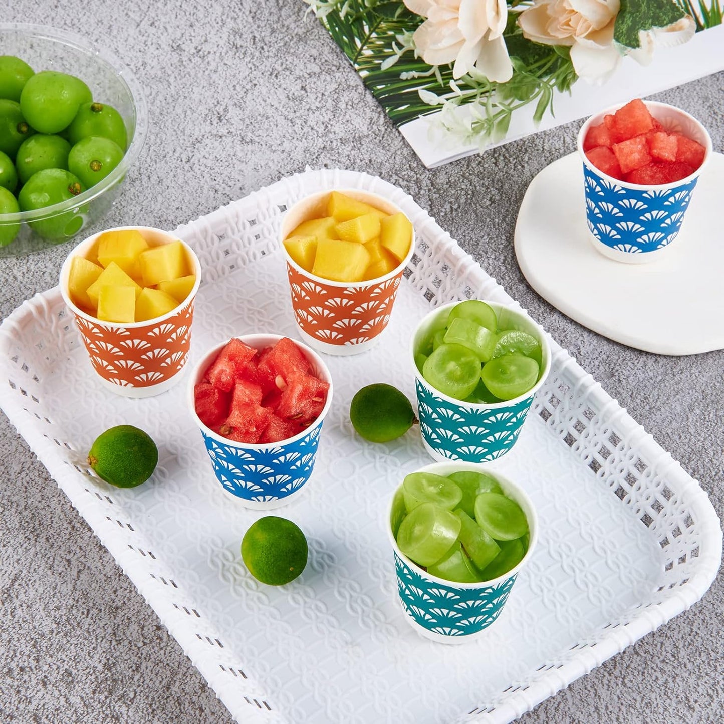 JollyPack 1200 Pack 3 oz Disposable Bathroom Paper Cups, Small Mouthwash Cups in Orange, Blue, and Green, Great for Candy, Biscuits, Bathroom Use, Parties, Picnics, and Travel