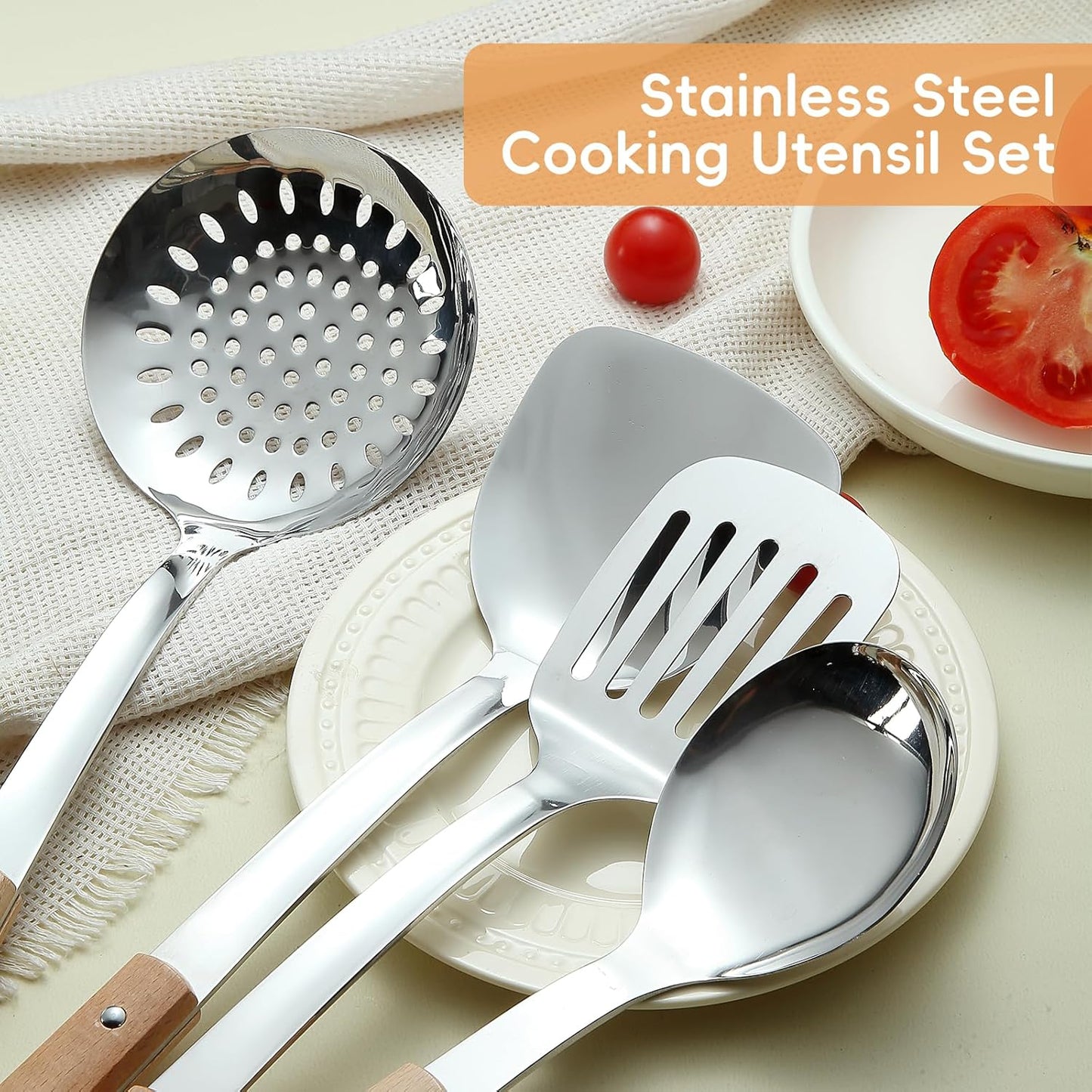 9pcs Cooking Utensils Set 304 Stainless Steel Kitchen Utensils with Wooden Hanlde Metal Kitchen Utensils Soup Ladle Set Dishwasher Safe Kitchen Essentials Set Kitchen Tool Set, Dishwasher Safe
