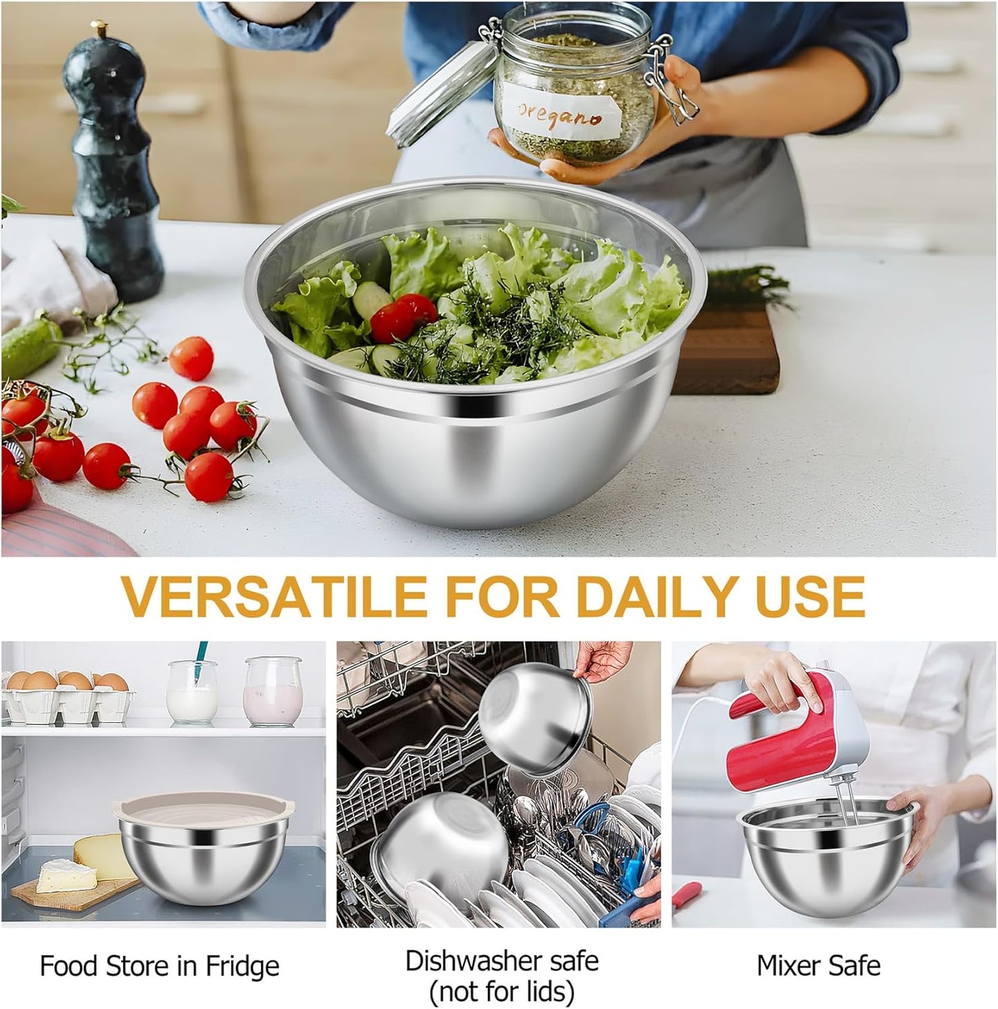 TeamFar Mixing Bowls, Stainless Steel Nesting Salad Bowls with Airtight Lids Set, For Serving/Mixing/Storing, Rust-proof & Heavy Duty, Dishwasher Safe, Set of 3-4.6/3 / 1.5 QT, Khaki