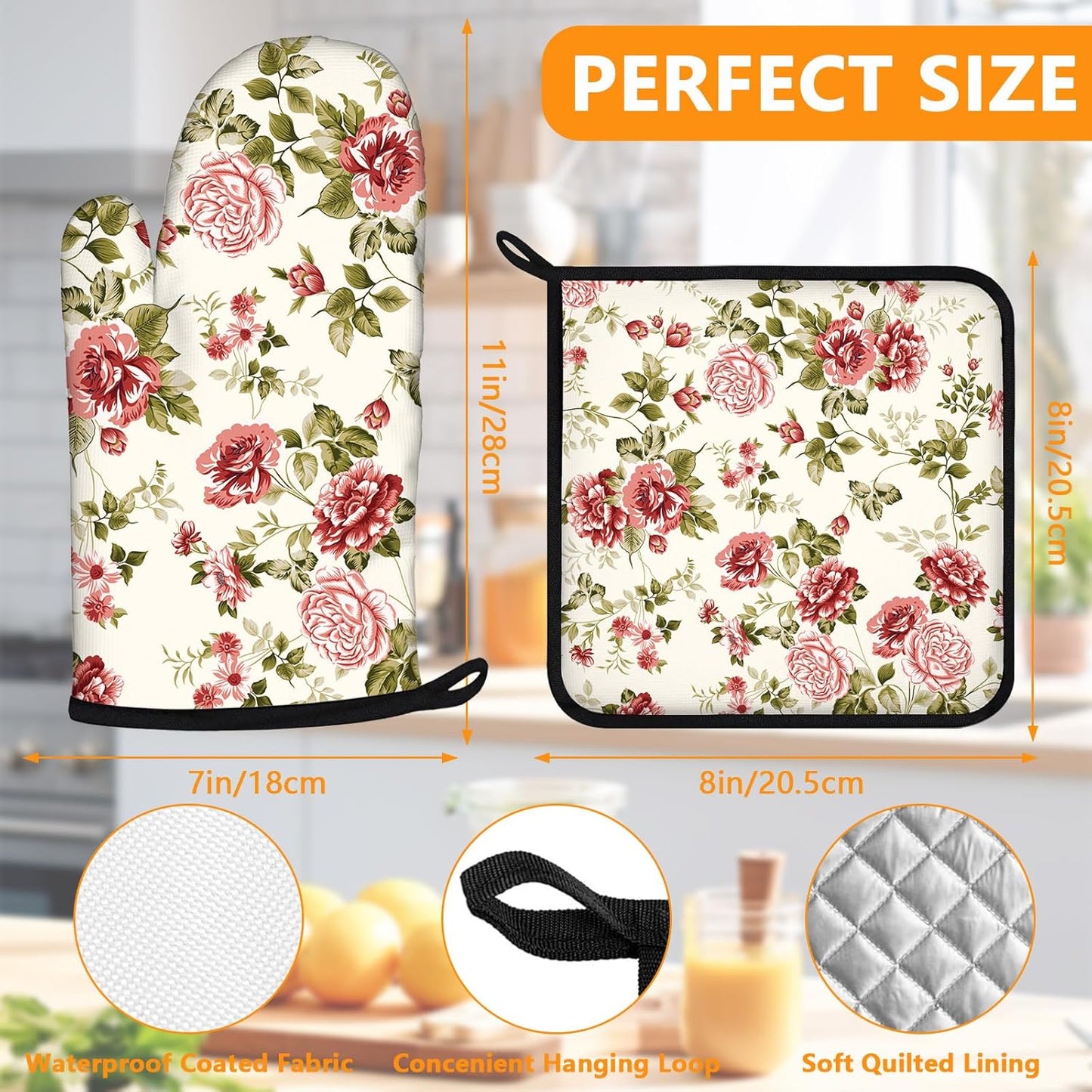 Red Rose Oven Mitts and Pot Holders Sets 4Pcs,Extra Long Oven Gloves Potholder for Kitchen Cooking Baking BBQ 100% Cotton Heat Resistant