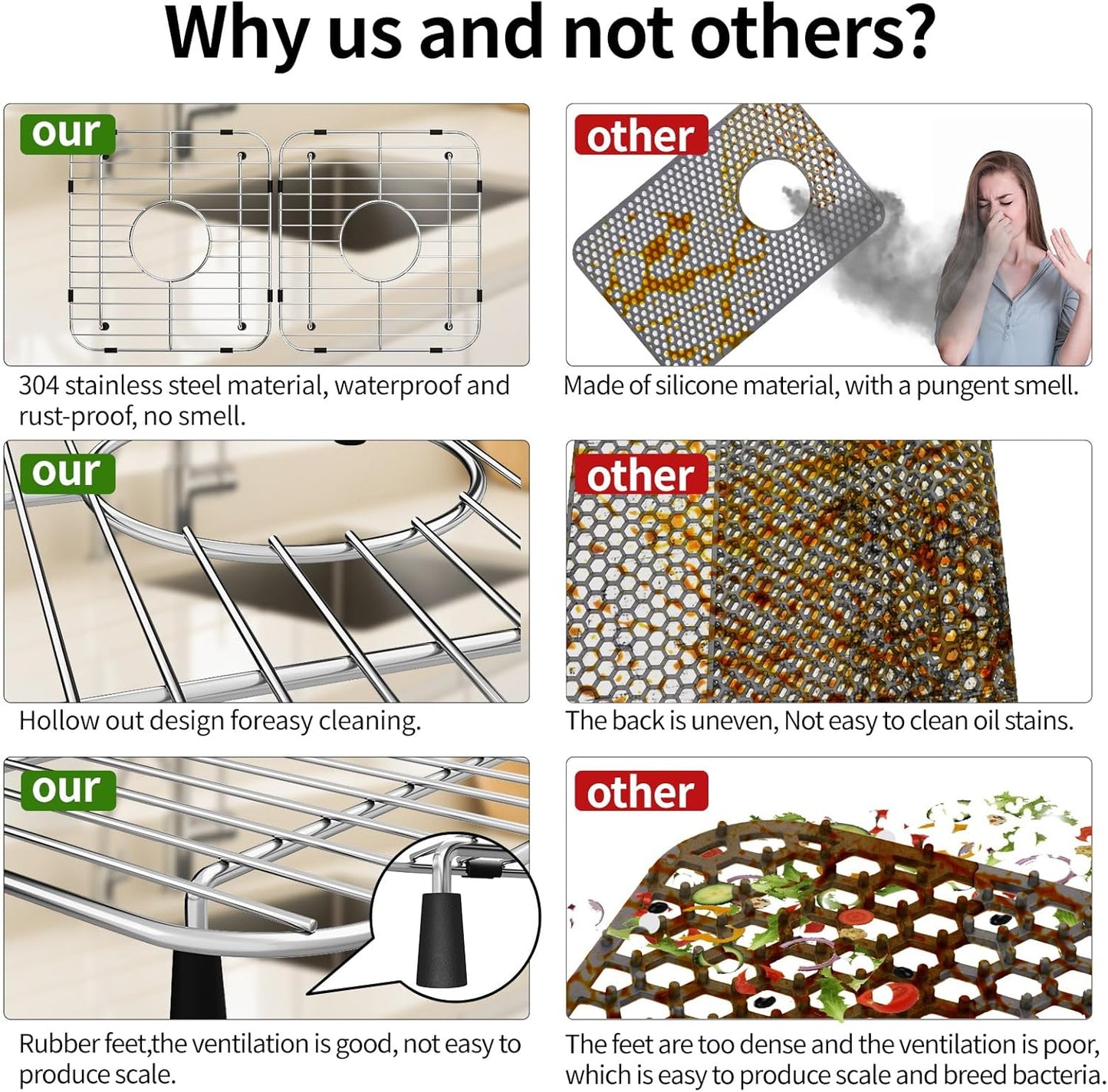 2Pack Sink Protectors for Kitchen Sink, 13’’x11-5/8’’ Stainless Steel Sink Protector with Center Drain, Rust Resistant Sink Grate for Bottom of Kitchen Sink with 2Pack Sink Drain Strainer