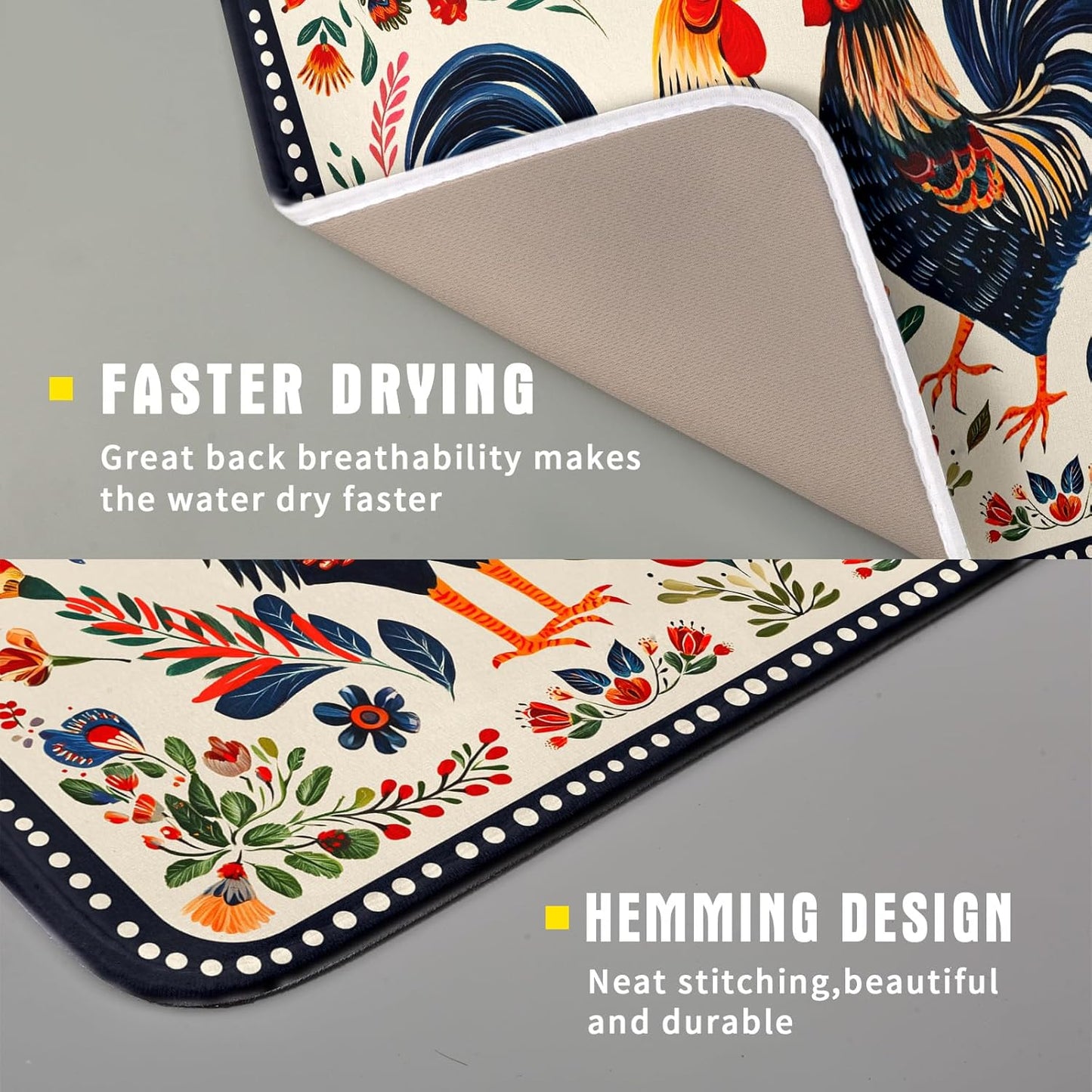 Roosters Chicken Dish Drying Mat for Kitchen Counter Absorbent Microfiber Drying Pad 16 x18 In