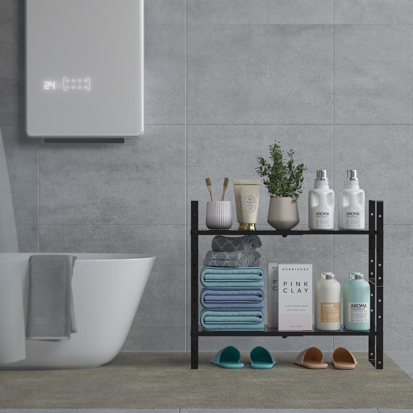 Expandable Shoe Rack Stackable Metal Pantry Storage Shelves Stand Adjustable Height Cabinet Shelf Organizer Racks Spice Shelving(2PACKS/BLACK,MEDIUM)