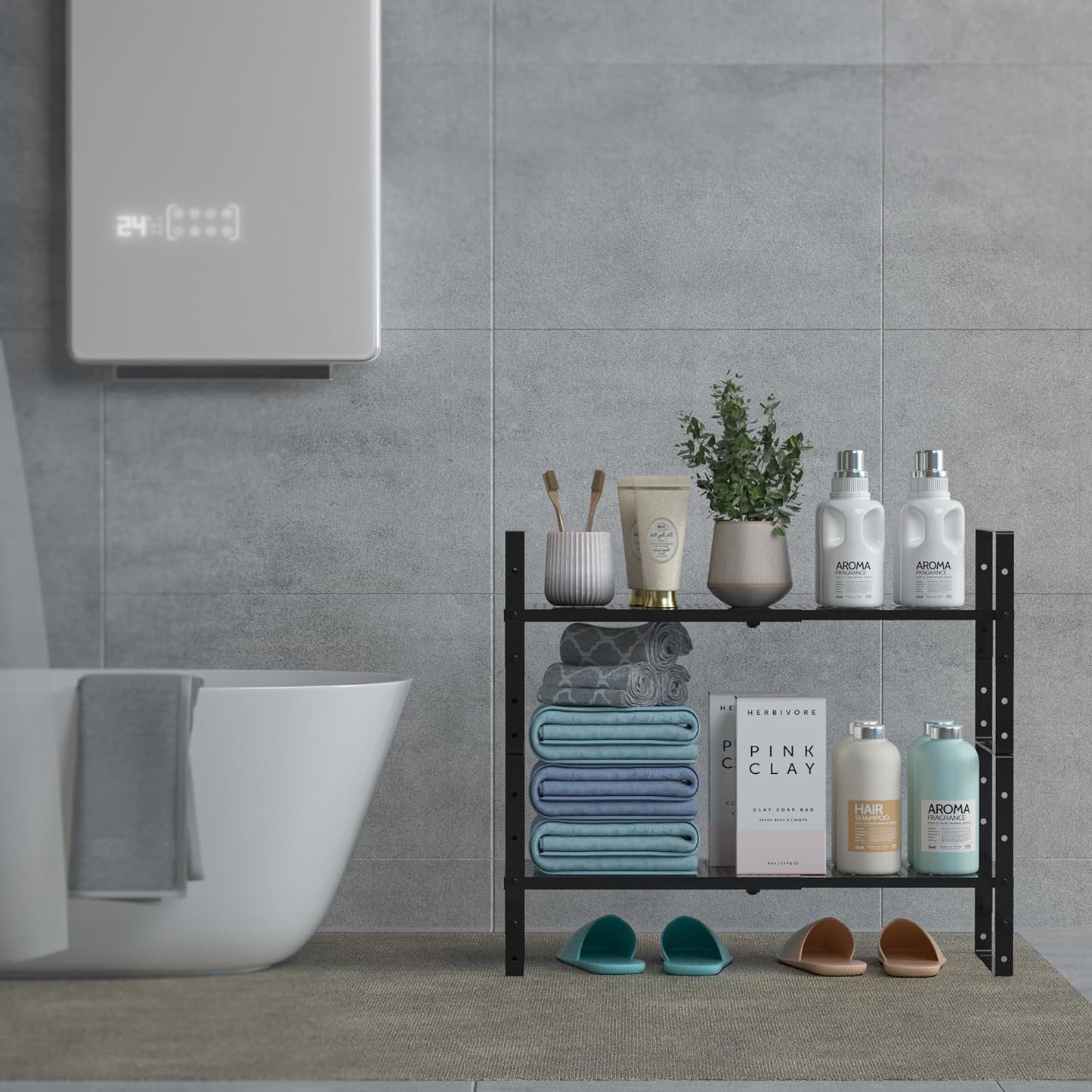 Expandable Shoe Rack Stackable Metal Pantry Storage Shelves Stand Adjustable Height Cabinet Shelf Organizer Racks Spice Shelving(1PACK/BLACK,MEDIUM)