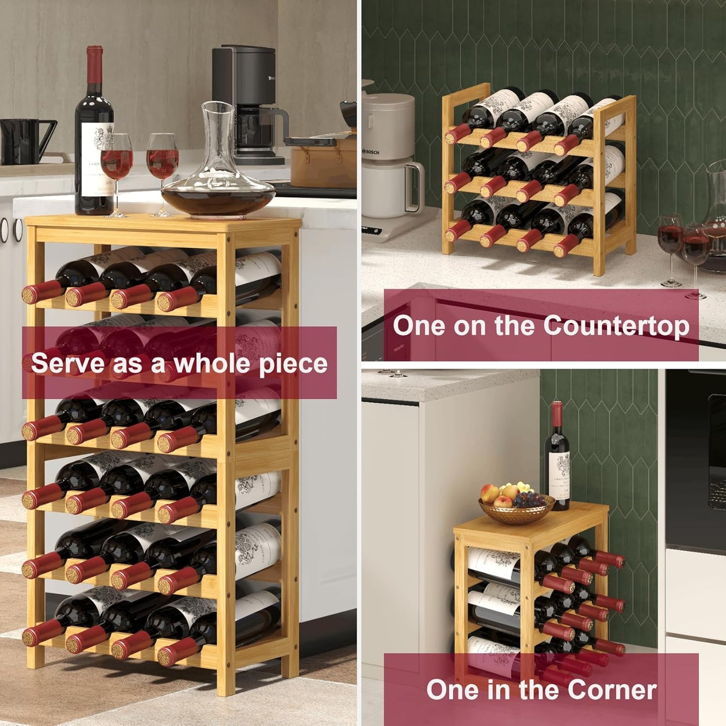 6 Tier Wine Rack Freestanding Floor, 24 Bottles Wine Storage Shelves with Table Top, Stackable Wine Display Rack for Kitchen, Bar, Dining Room, Natural Bamboo Finish