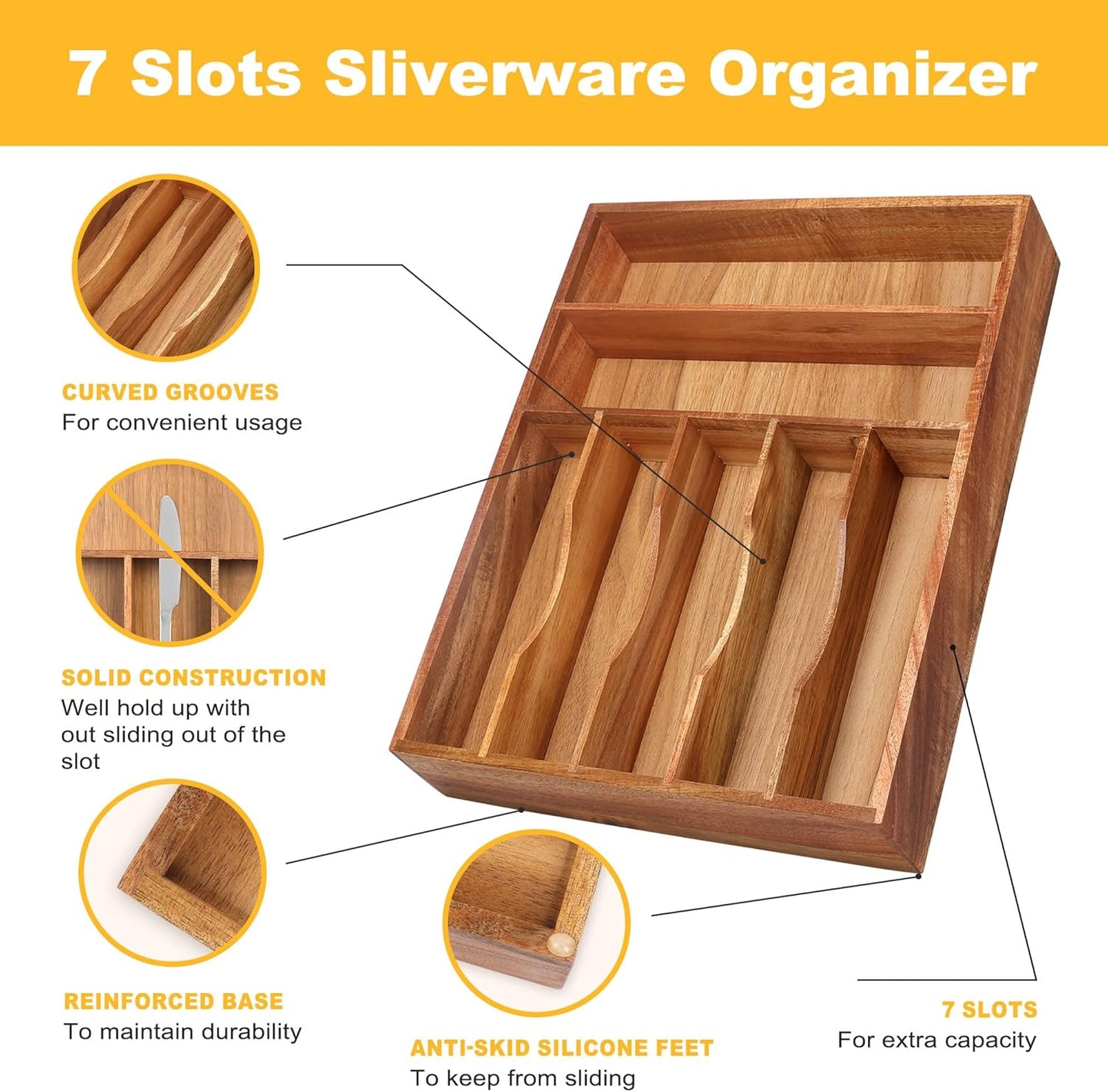 Kitchen Acacia Silverware Organizer - Extra Deep Grooved Drawer Divider, 7 Slot Utensil Organizer