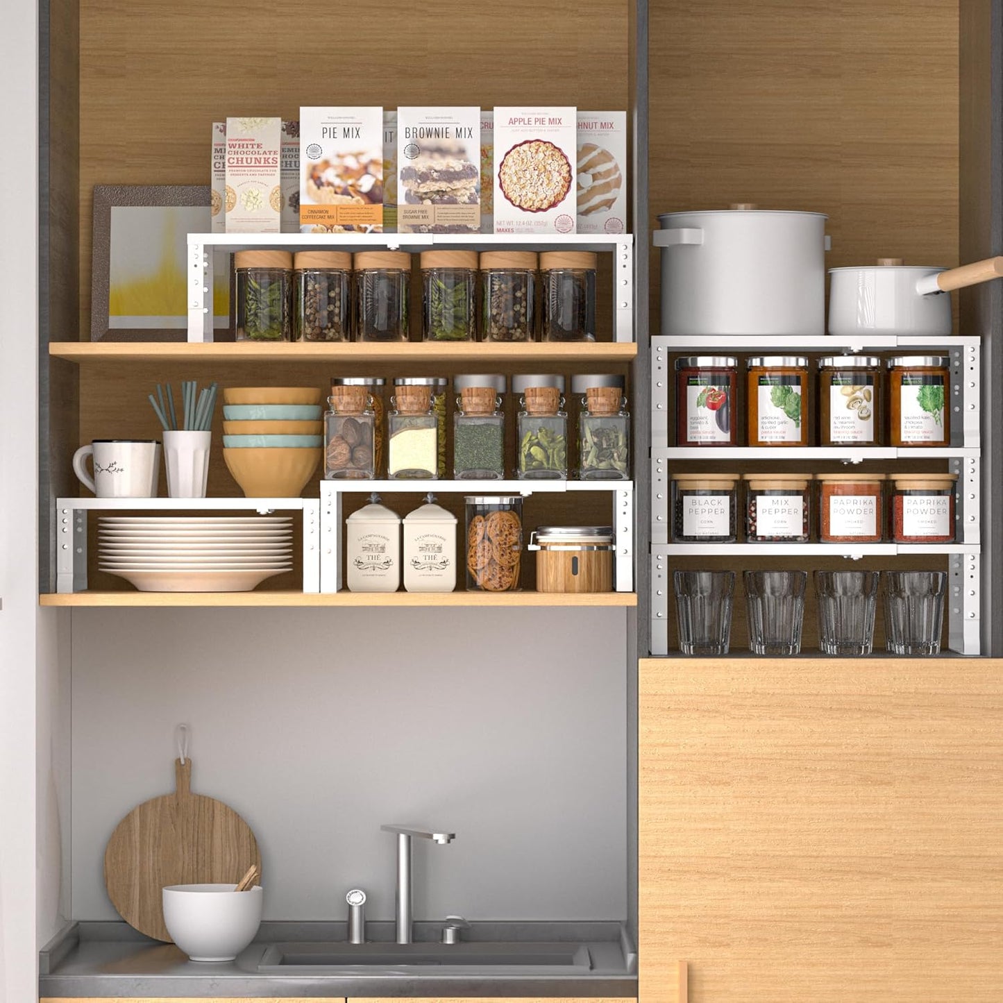 Expandable,Adjustable & Stackable Spice Rack, Cabinet Kitchen Countertop Shelf Organizer,Metal Pantry Storage Shelves - Space-Saving Storage Solution(1Pack/White/Large)