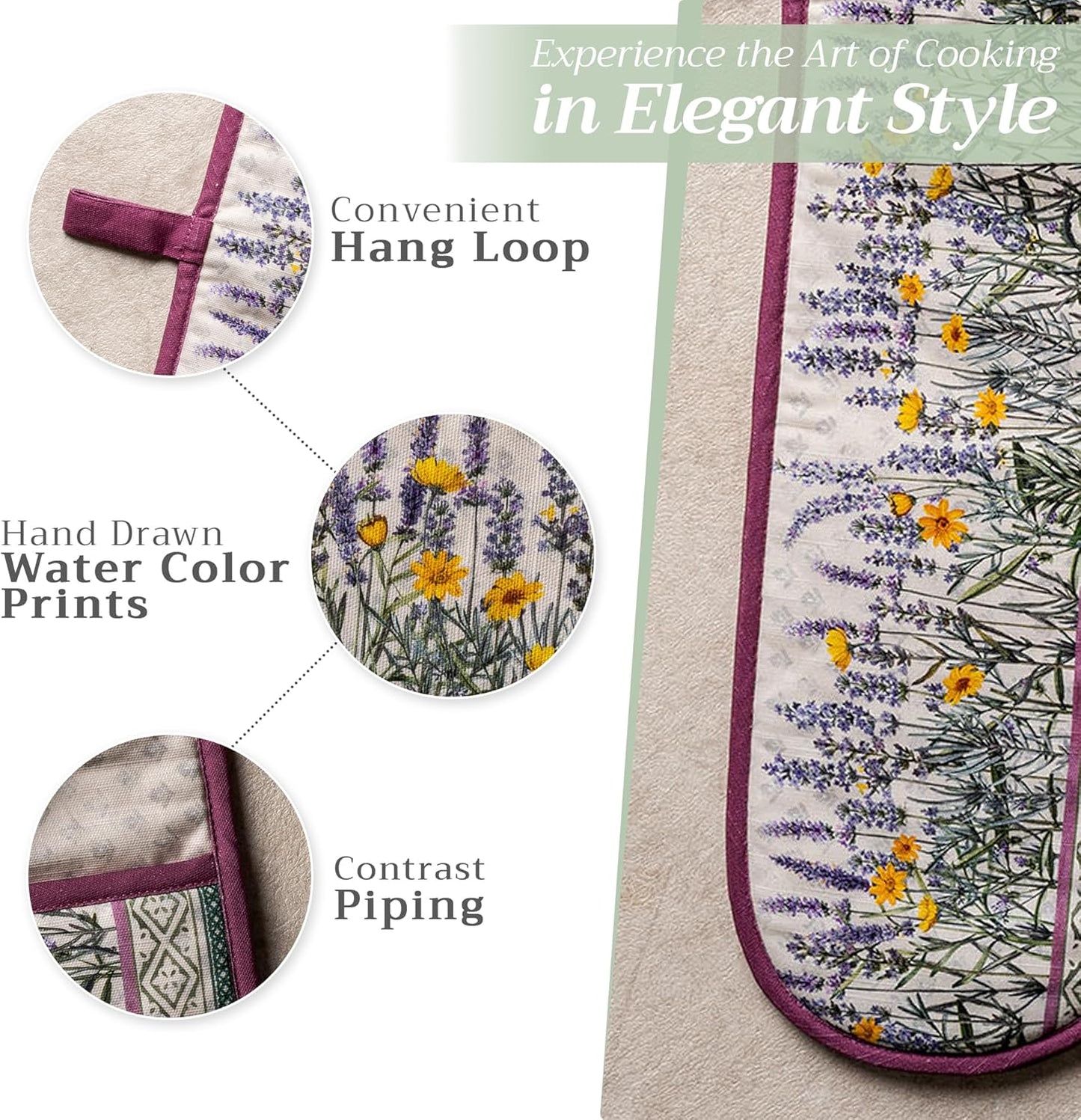 Maison d' Hermine Double Oven Mitts 100% Cotton 7"x35" Double Oven Mitt Heat Resistant BBQ Cooking Gloves with Loop, Baking, Grilling, Home, Kitchen, Handling Hot Pans Spring Summer (Fanny Lavender)