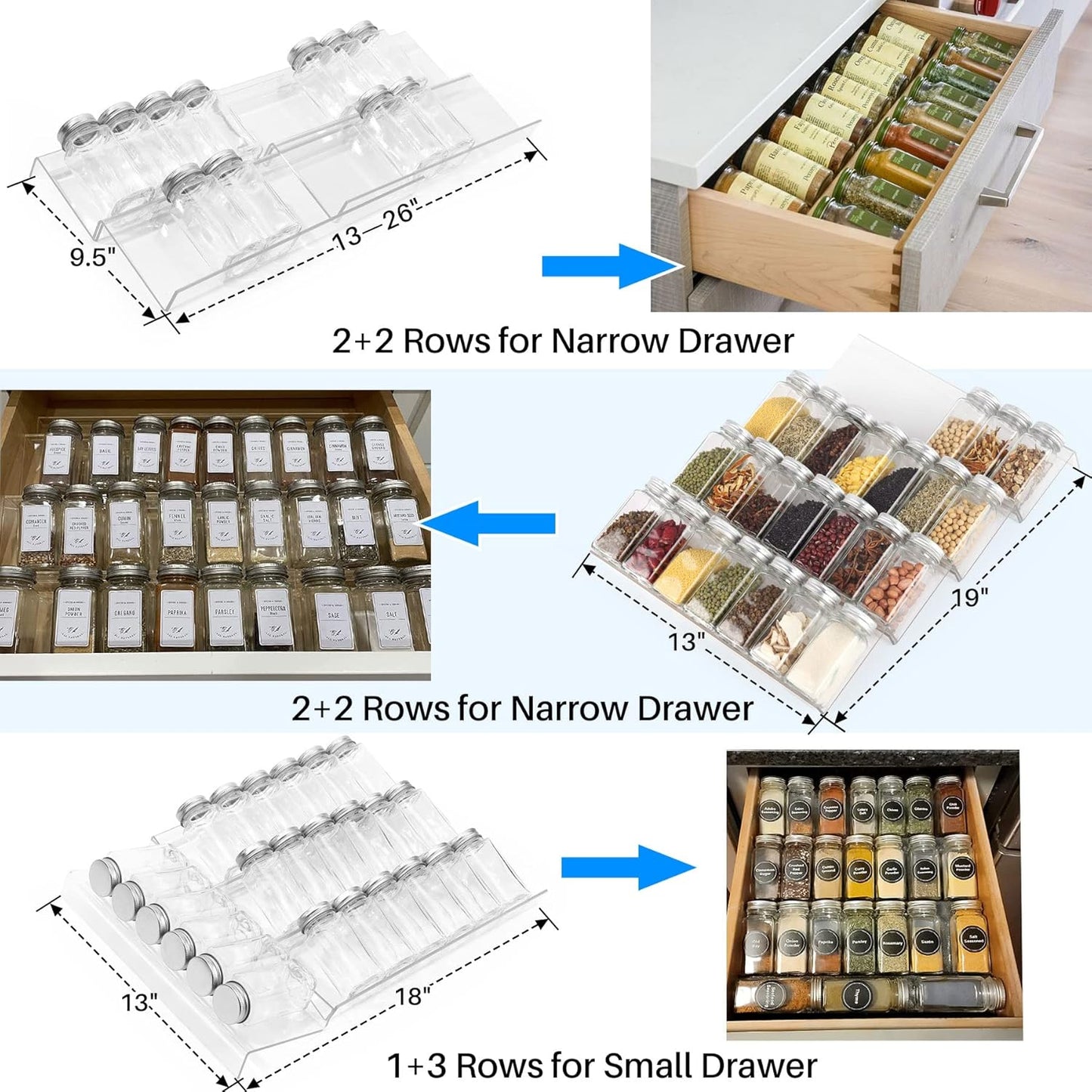 Antimbee Spice Drawer Organizer, 4 Tier- 8 Pack Kitchen Spice Rack Tray for Drawer, Expandable From 13" to 26" Acrylic Seasoning Organizer Rack Holds up 56 Spice Jars (Jars not Include)