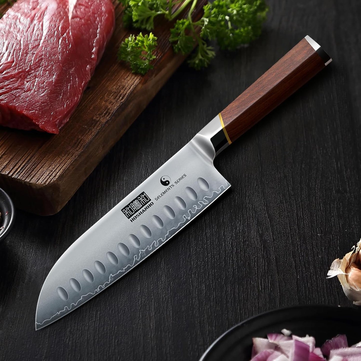 7 Inch Santoku Knife，Professional Japanese High Carbon Super Steel Chef Knife, Razor Sharp Kitchen Knife with Ergonomic Red Sandal Wooden Handle - Gift Box