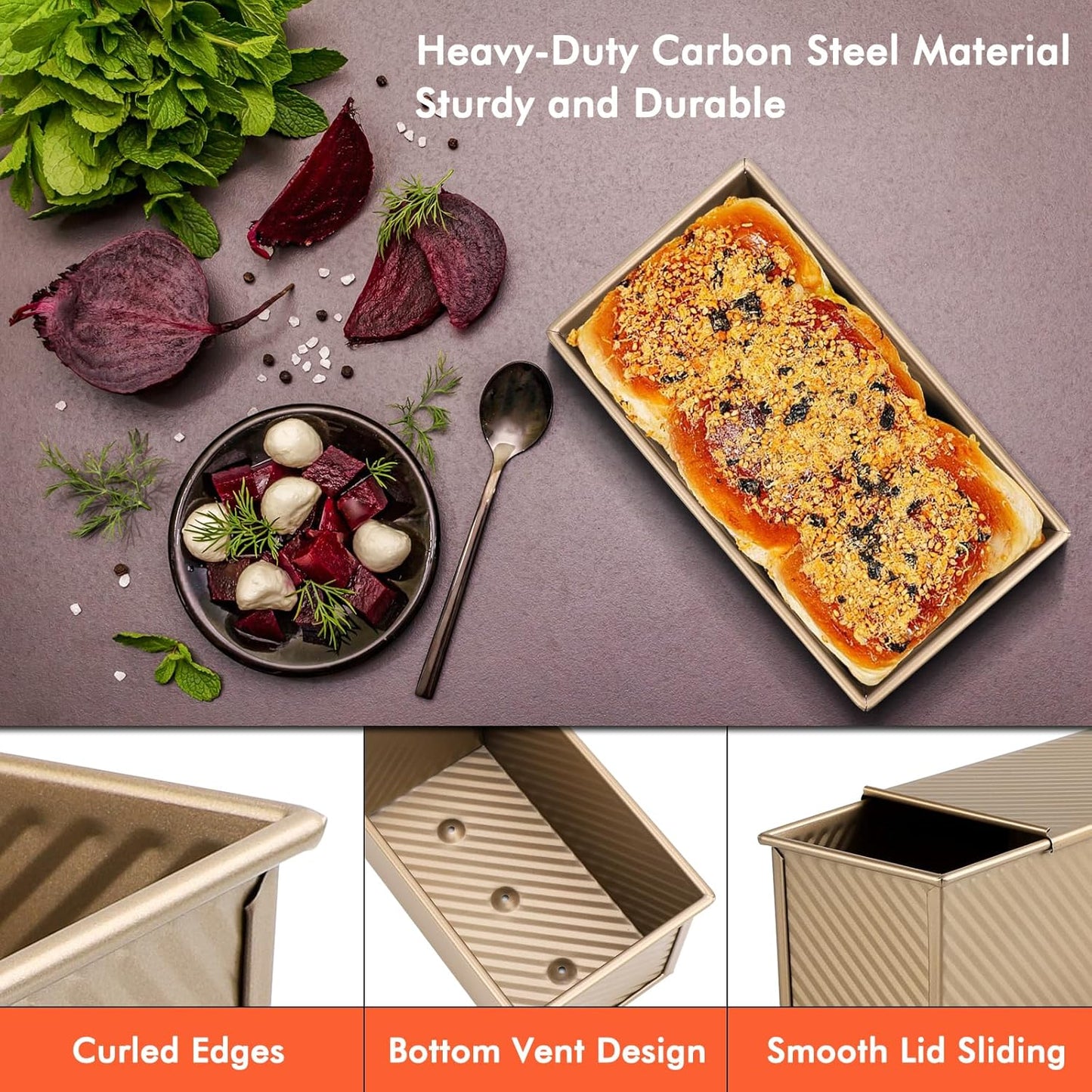 Beasea Pullman Loaf Pan 2 Pack, 1 lb Non-Stick Bread Pan with Lid Carbon Steel Gold Toast Box Mold With Cover For Bakeware Bread, Baking Tools for Oven Baking