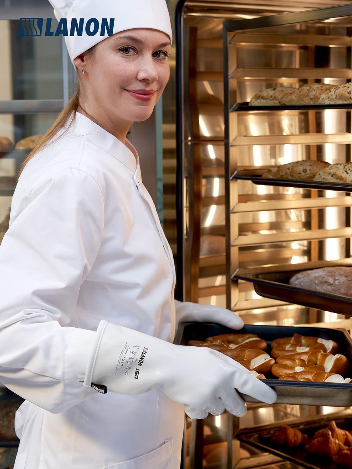 LANON Liquid Silicone Gloves, Heat Resistant Oven Gloves with Fingers, Food Grade, Waterproof, White, XXL