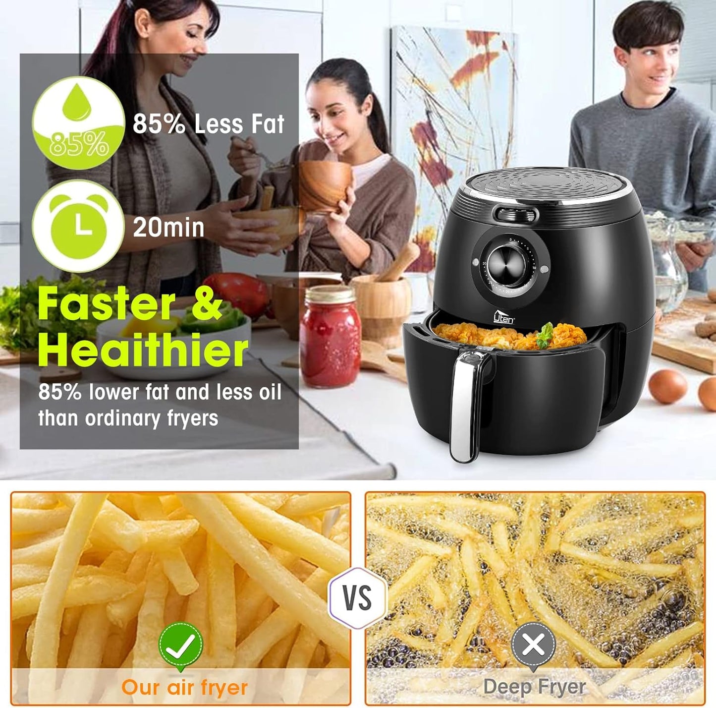 Air Fryer 5.8QT/5.5L, Uten 1700W AirFryer High-Power Electric Hot Temperature Control & Timer Knob, Non Stick Fry Basket, Dishwasher Safe, Apply to Party, Afternoon Tea, Black