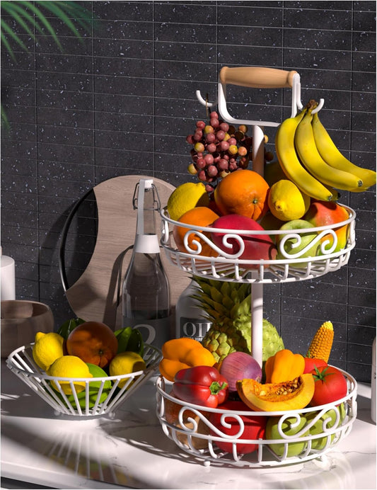 2-Tier 𝐅𝐫𝐮𝐢𝐭 𝐁𝐚𝐬𝐤𝐞𝐭 and Fruit Bowl - Fruit and Vegetable Storage with Banana Tree Hanger and Wood Handle, Fruit Basket for Kitchen Counter, for Bread Onions Potatoes Veggies Produce