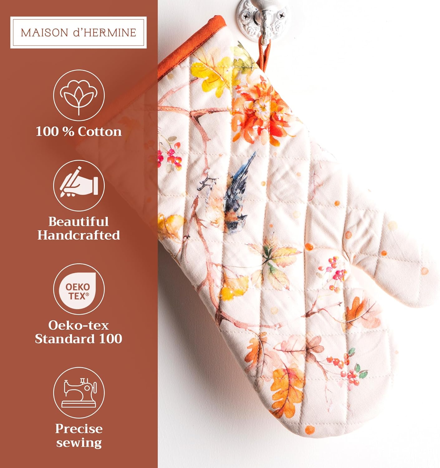 Maison d' Hermine Oven Gloves 100% Cotton Oven Mitt 7" x 13" with Loop Heat Resistant, BBQ, Cooking Gloves, Baking, Grilling, Kitchen, Handling Hot Pans (Pack of 1, Kelim - Prairie)
