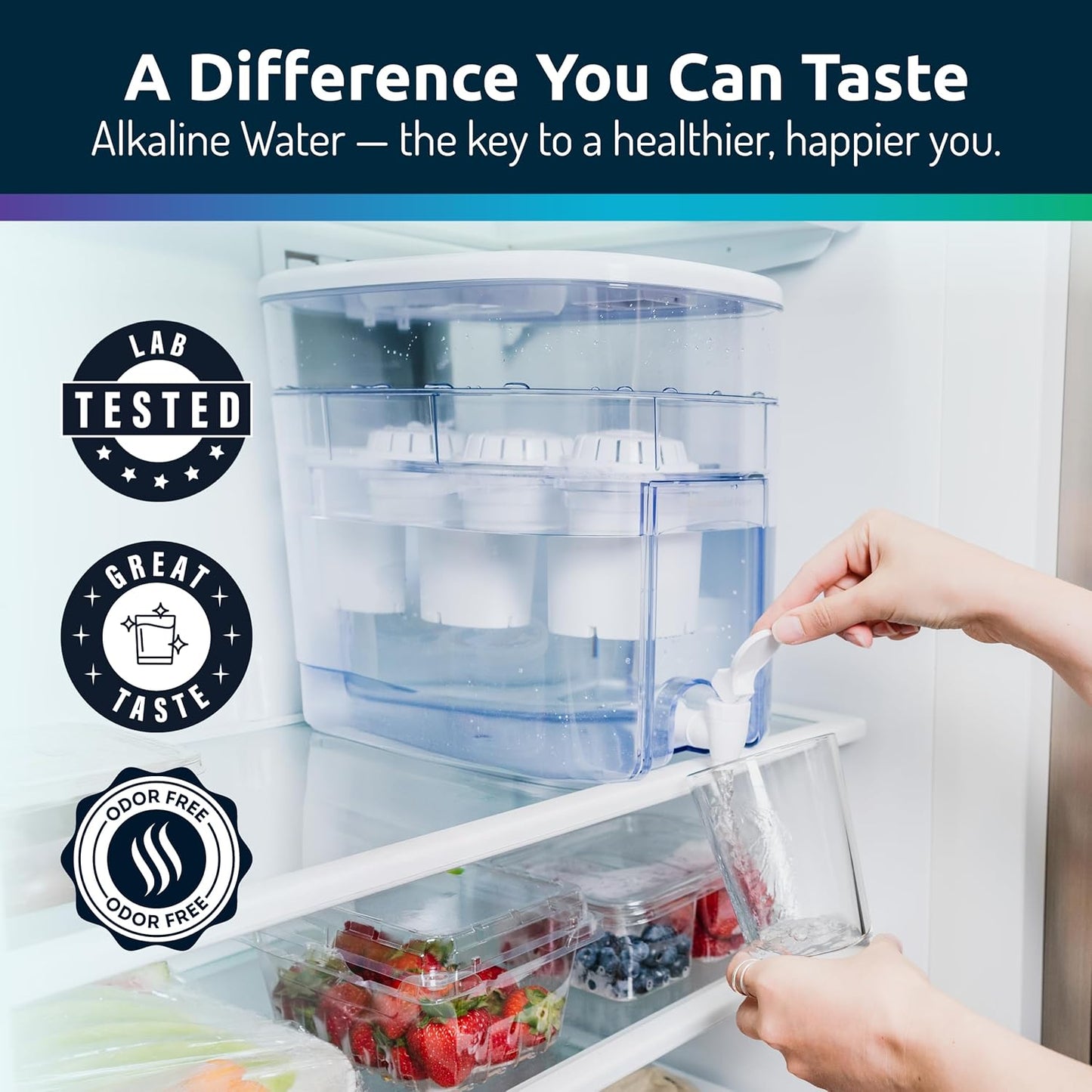 Invigorated Water - Alkaline Countertop Water Filter Dispenser, Large 52-Cup Capacity, Mineralized Alkaline Water, BPA-Free, 96 Gallons/Filter (Black, 3 Filters Included)