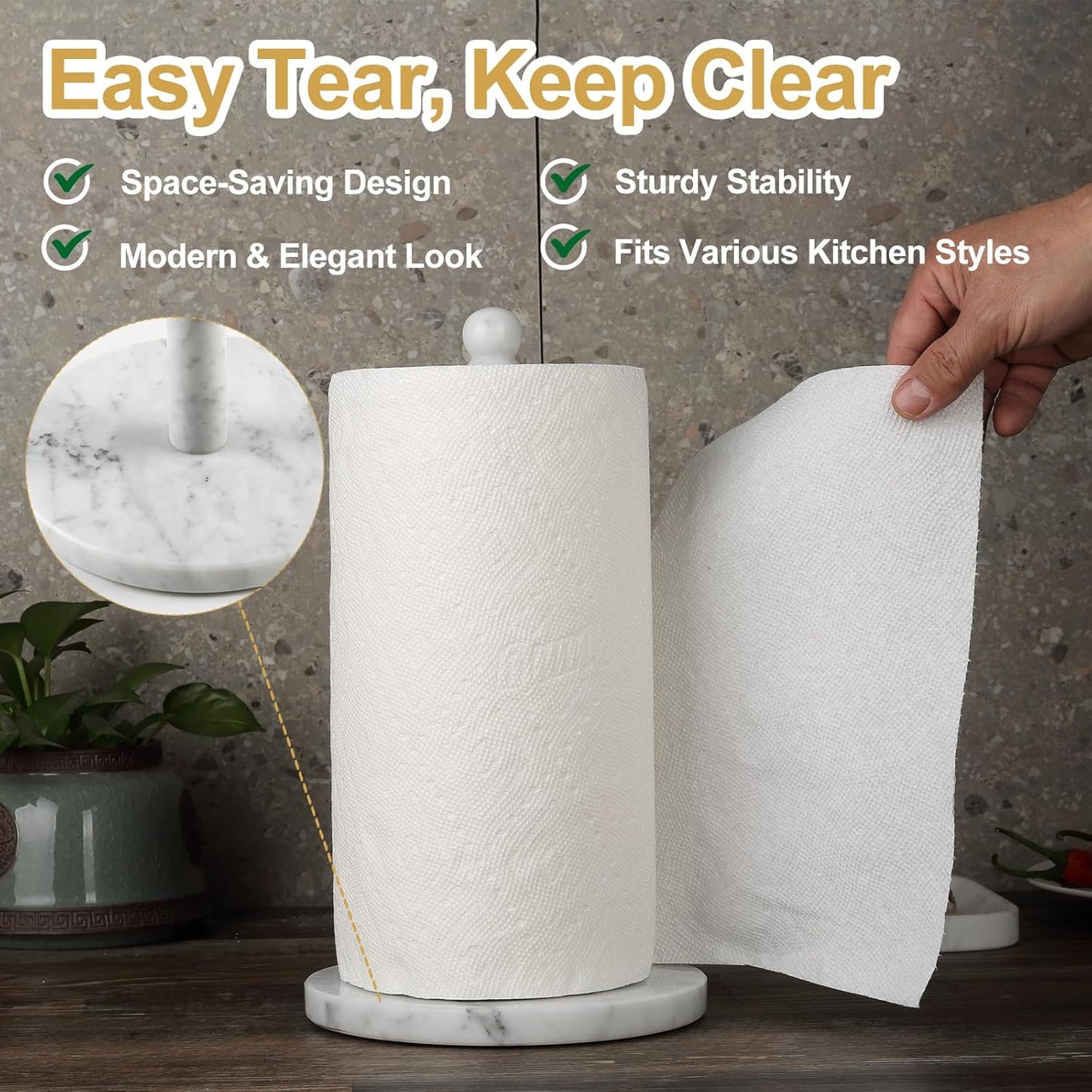 Koville Italian Marble Paper Towel Holder Countertop, Stone Rod Paper Towel Holder Stand for Kitchen Storage, for Standard or Jumbo-Sized Rolls(Bianco Carrara)