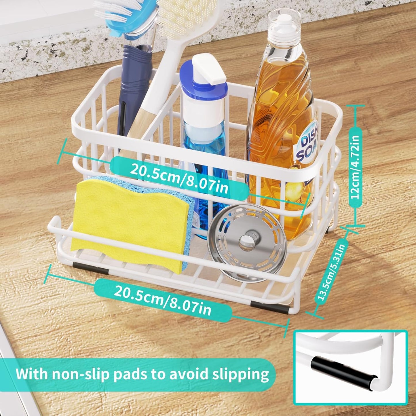 HapiRm Sink Caddy Sponge Holder - Kitchen Sink Organizer with Drain Tray, SUS304 Stainless Steel Rustproof Sponge Caddy Storage for Kitchen Countertop- White