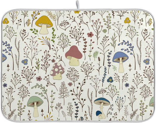 Cute Mushroom Wild Plant Dish Drying Mat for Kitchen Counter Absorbent Microfiber Drying Pad, Medium 16x18 in, Reversible Drainer Mats